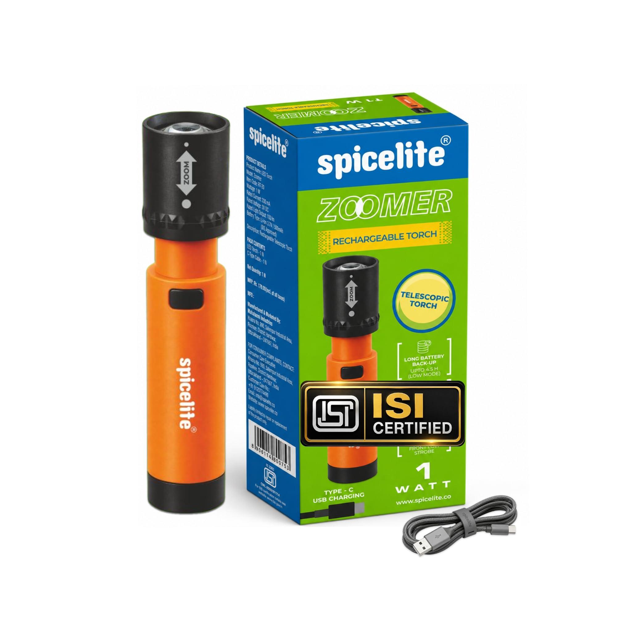 Spicelite Zoomer 1W Rechargeable LED Torch Light | Type-C USB Charging | Telescopic Focus Beam | 3 Lighting Modes | Long Battery Backup | Portable Emergency Flashlight for Home, Travel & Outdoor Use