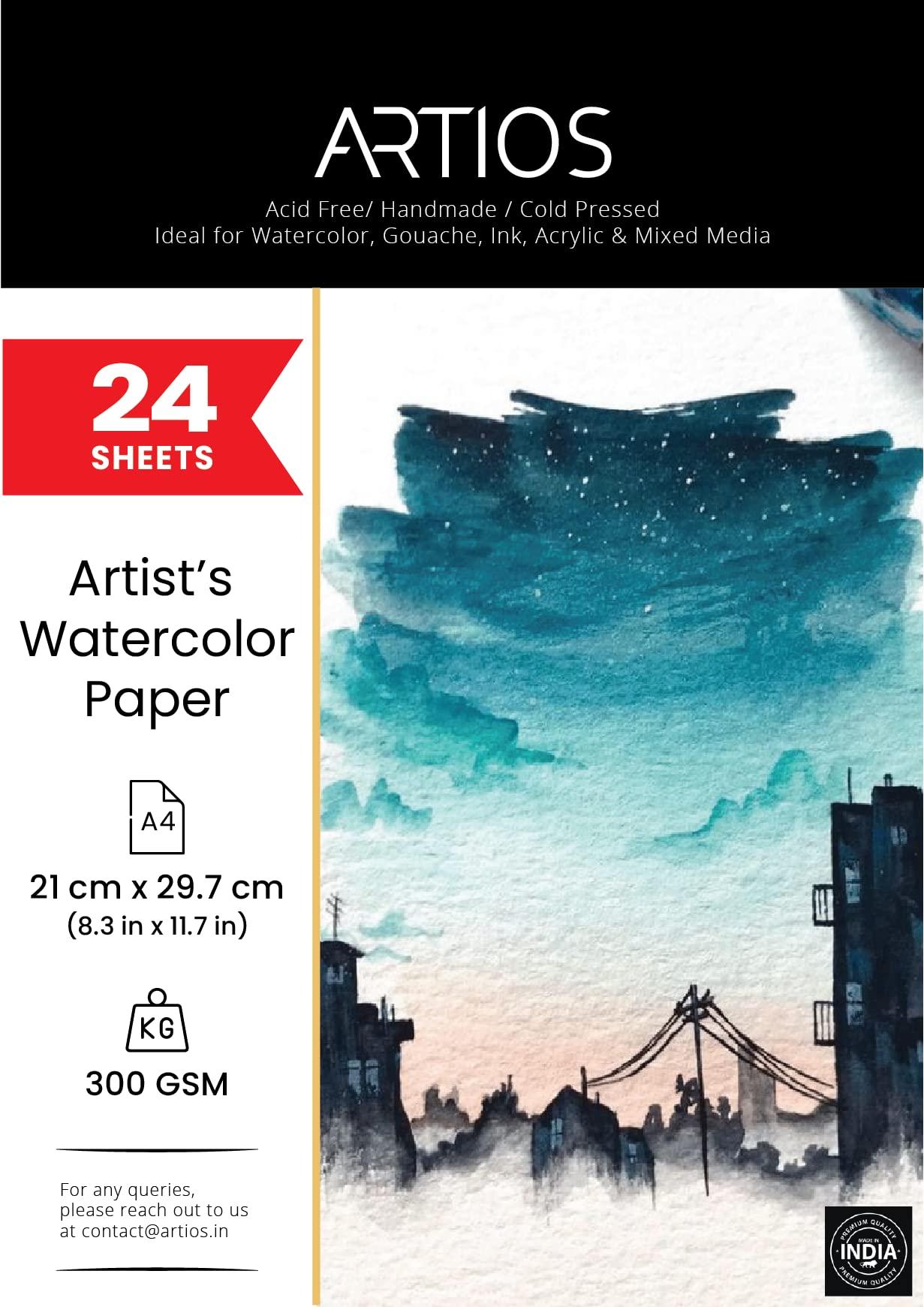 ARTIOS Watercolor Paper, 300 GSM, 100% Cotton, Handmade, A4, 24 Sheets