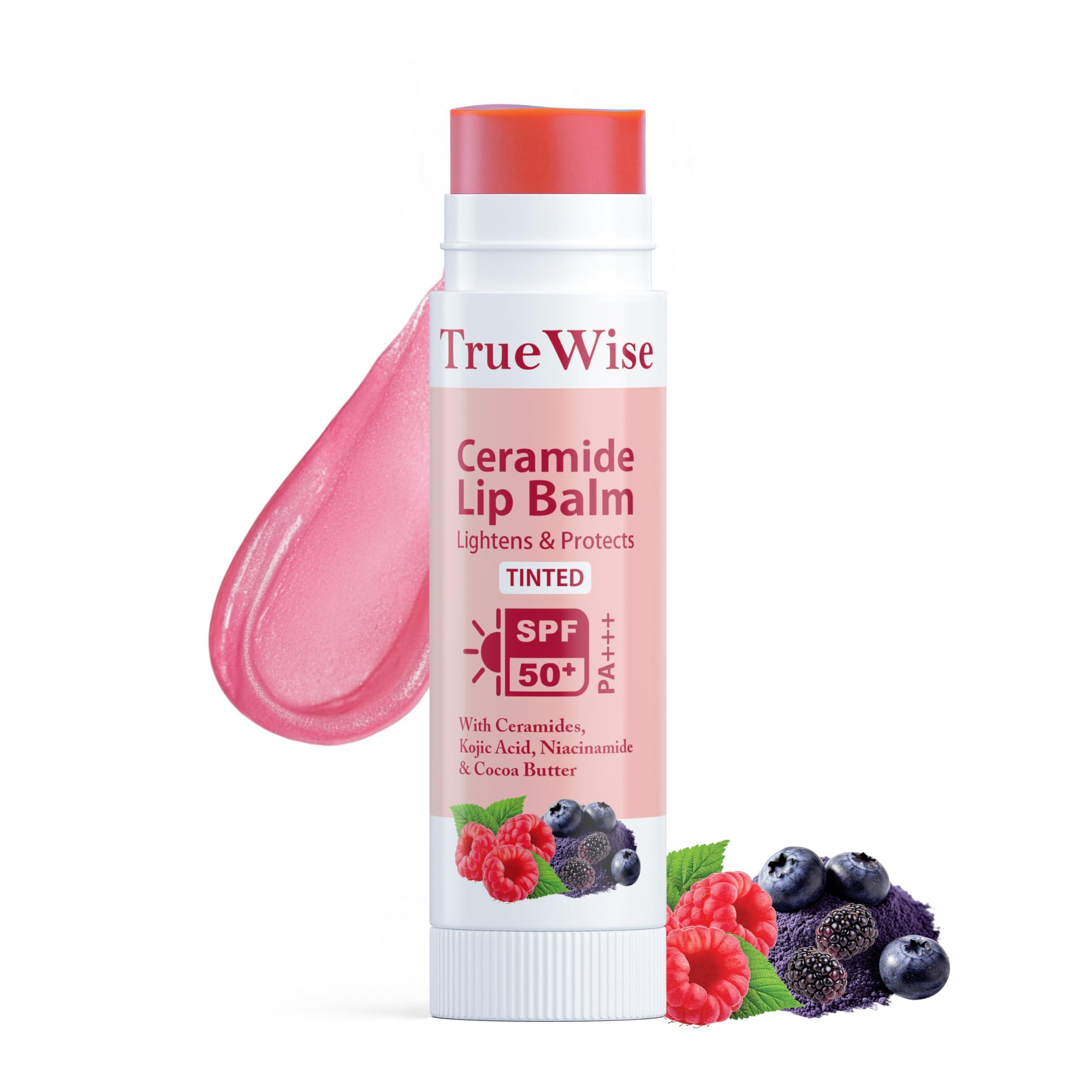 TrueWise® Tinted Lip Balm with SPF 50 PA+++ | Brightening Pink Lip Balm For Dark Lips | Ceramides & Kojic Acid,Vitamin E, Soft, Glossy Lips for Women 5g