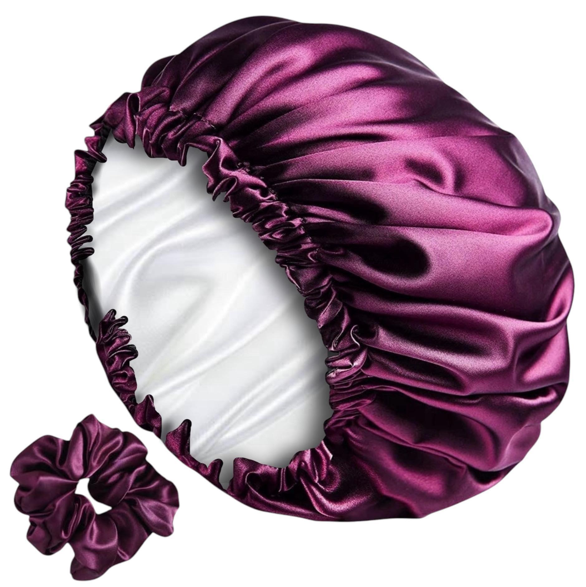RIXTEC Luxury Satin Silk Hair Bonnet Cap for Sleeping with Satin Scrunchie | For Women & Girls | For Curly & All Hair Types - Wine