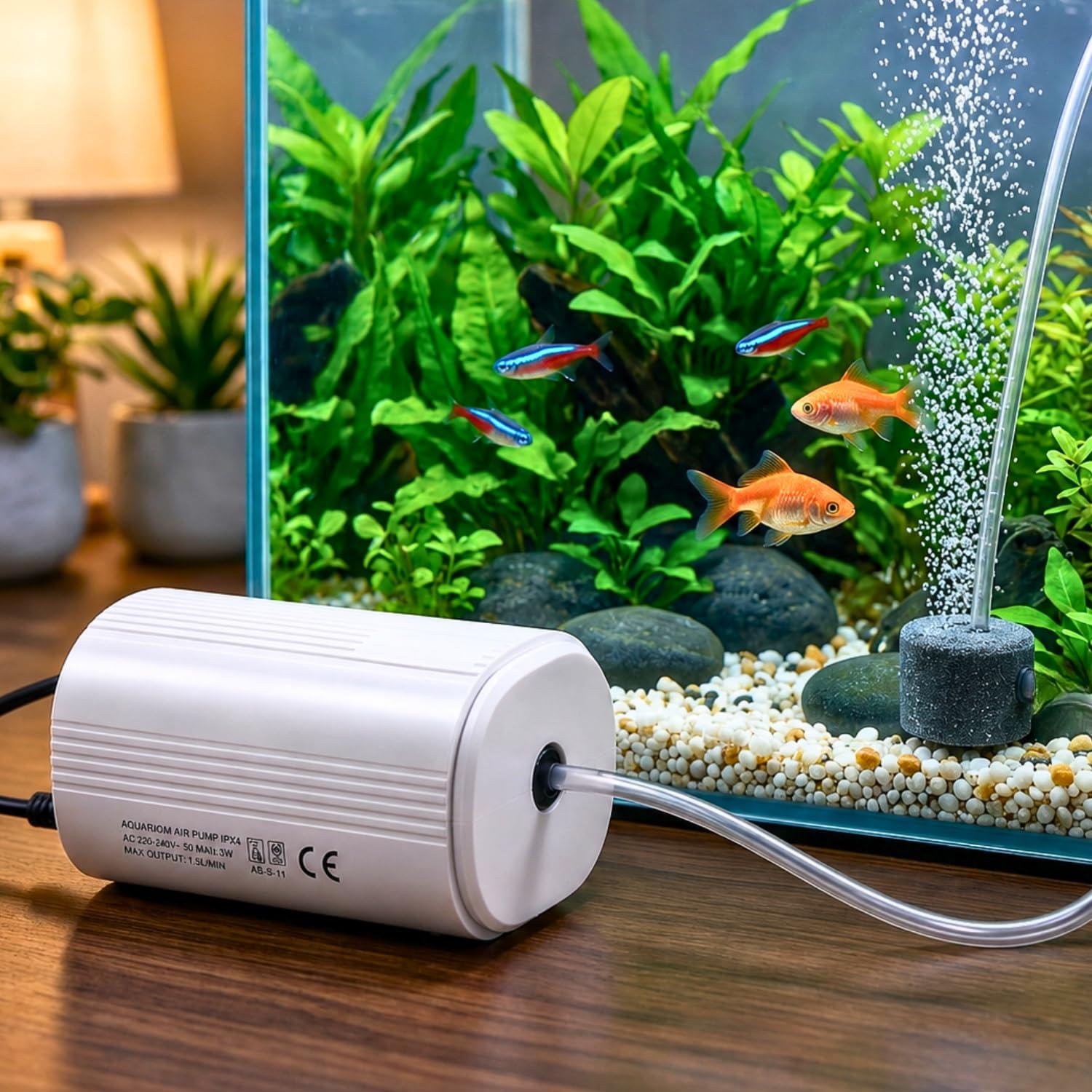 VAYINATO BlueScale KE-511 Single Way Ultra Silent Aquarium Air Pump 2W – Oxygen Pump, High Air Output 1 x 3L/min, Energy-Efficient Aerator with 2M Air Tube & 1 Air Stones, Suitable Aquariums