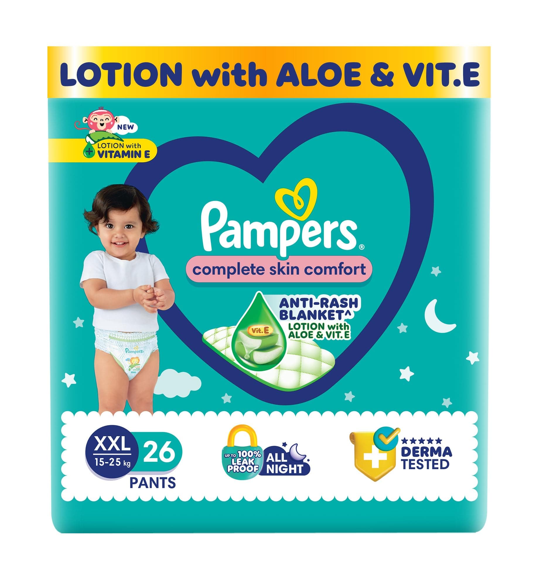 Pampers Complete Skin Comfort Pants, (XXL) 26 Count, Anti-rash blanket, Lotion with Vitamin E & Aloe Vera, Double Extra Large size baby Diapers, 15-25 kg