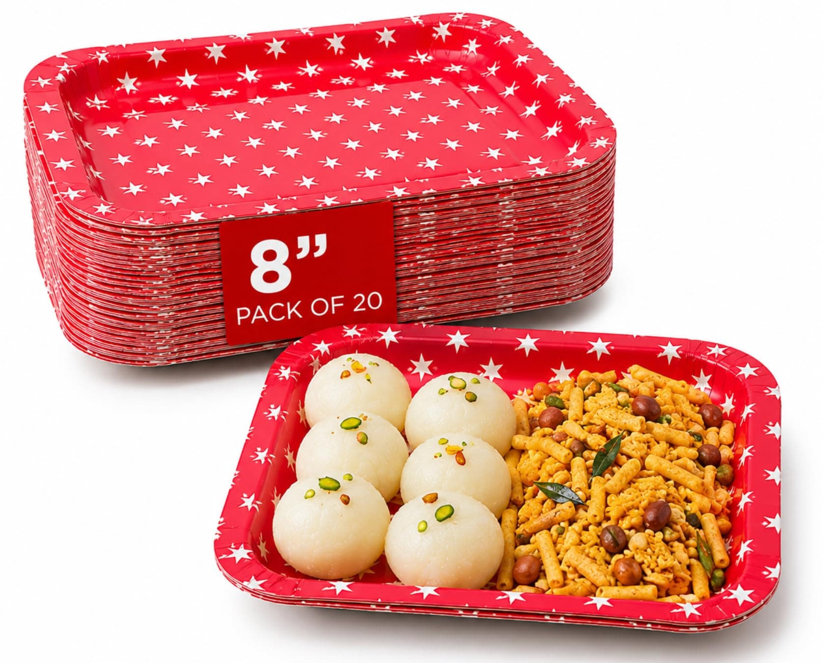 Careswipe Paper Plates | 8 inch - Pack of 20 | Disposable Plates Big Size for Snacking & Everyday Use Red Color