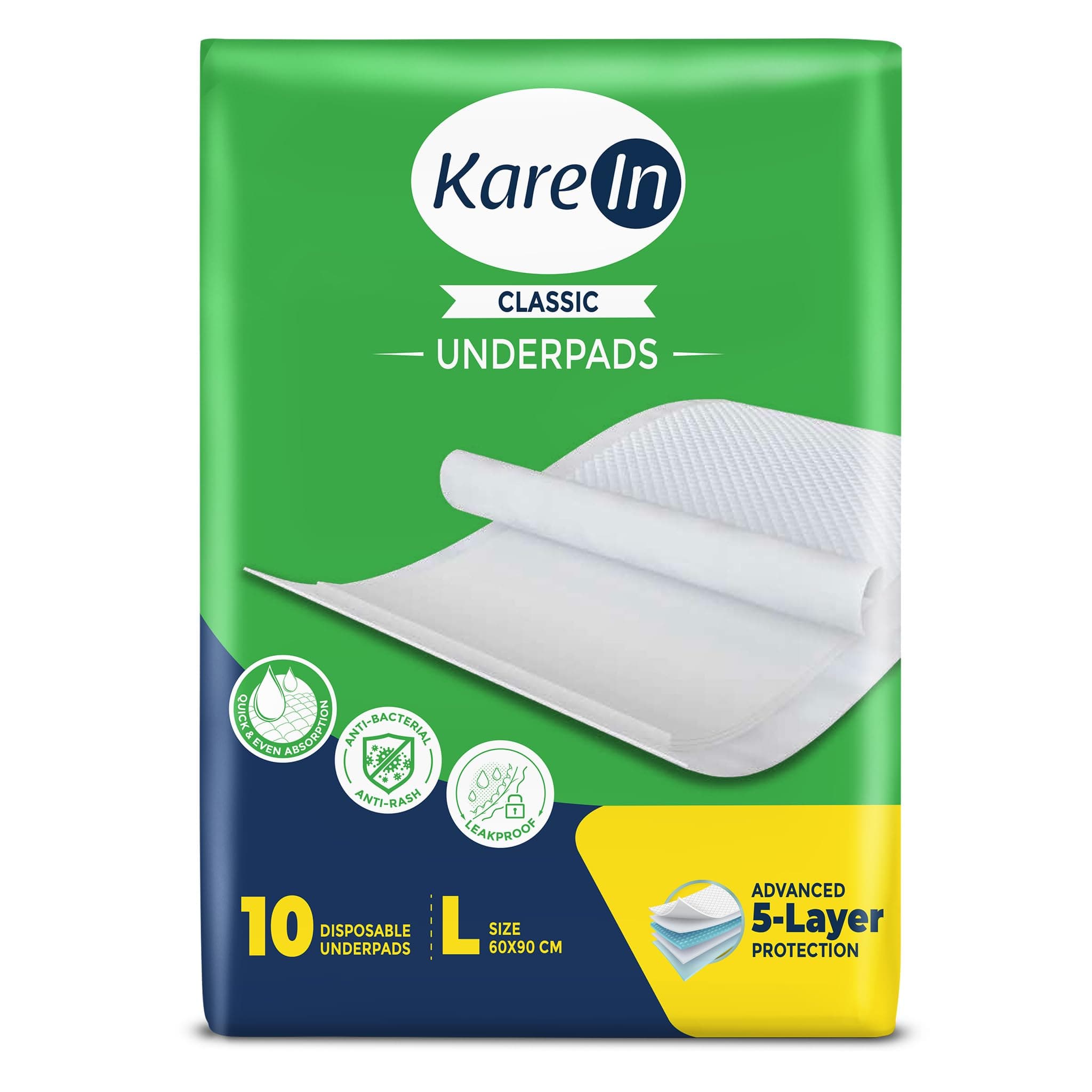 KareIn Classic Underpads For Adults, Large 60 x 90 cm, 10 Unit, Highly Absorbent, Anti-Bacterial, Rash Protection, Leak Proof, Protects Surfaces from Incontinence, Odor Control, Super Soft