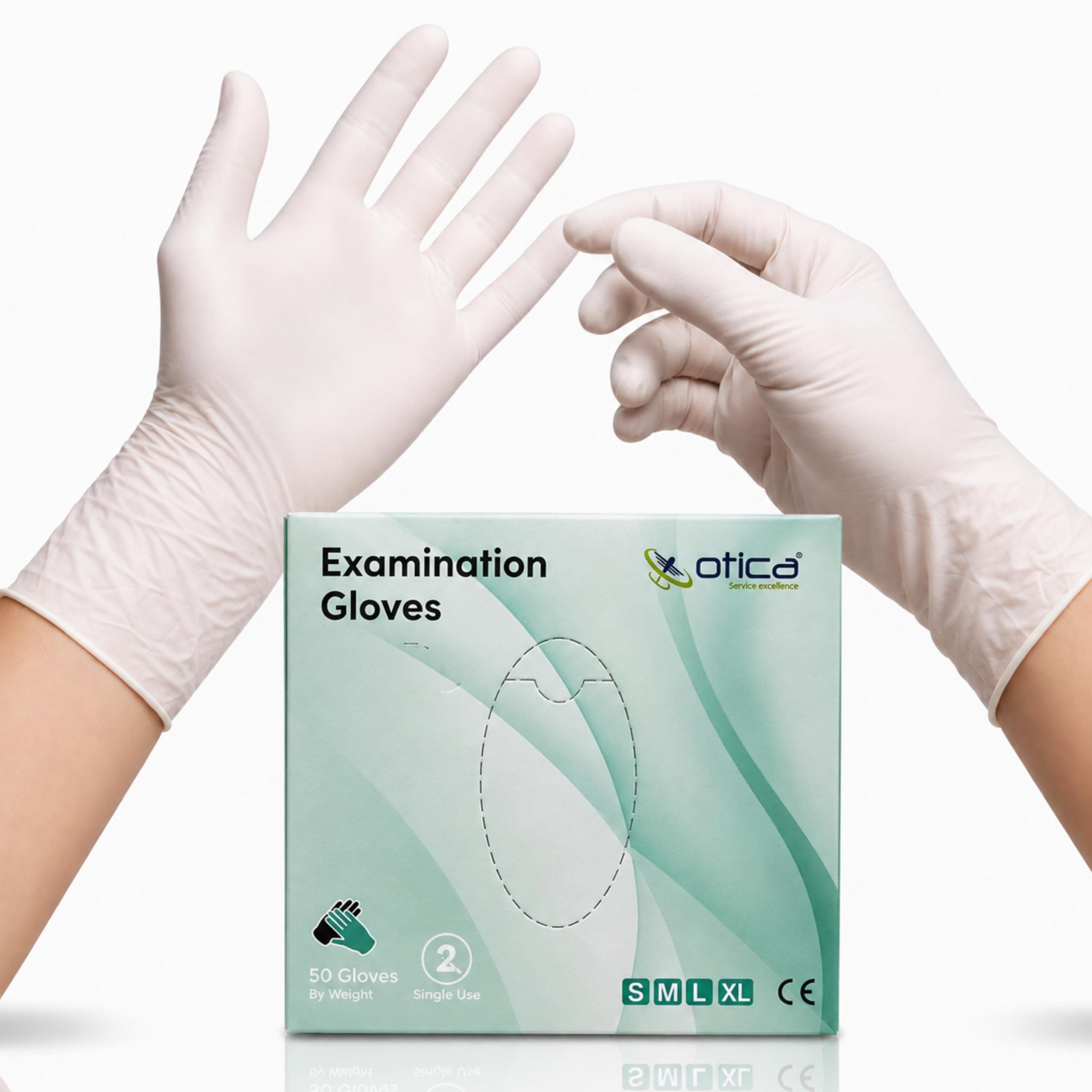 OTICA Latex White Hand Gloves 50 pcs (Large) | Medical Grade 4gm | Medical Examination Glove | Food Grade | CE Approved | Non Sterile | All-Purpose | Powdered | Cleaning
