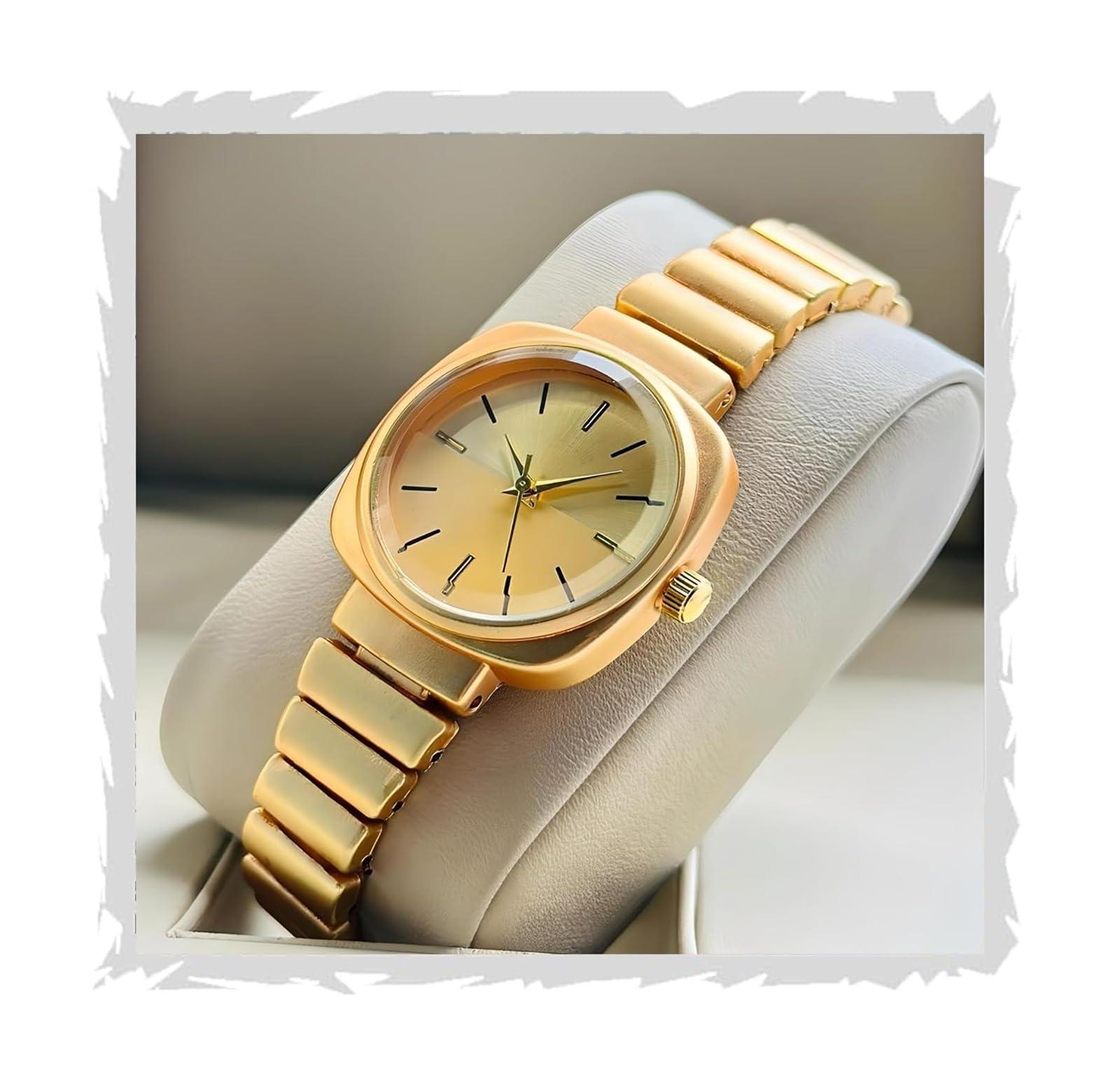 styledose watch's Unique Design Elements (Round face in Square Frame, 5 Color Eddy dials & Belt) Steel Chain Strap Stylish Girls Ladies Fashion Wrist Watches Analog Watch for Women (Gold)
