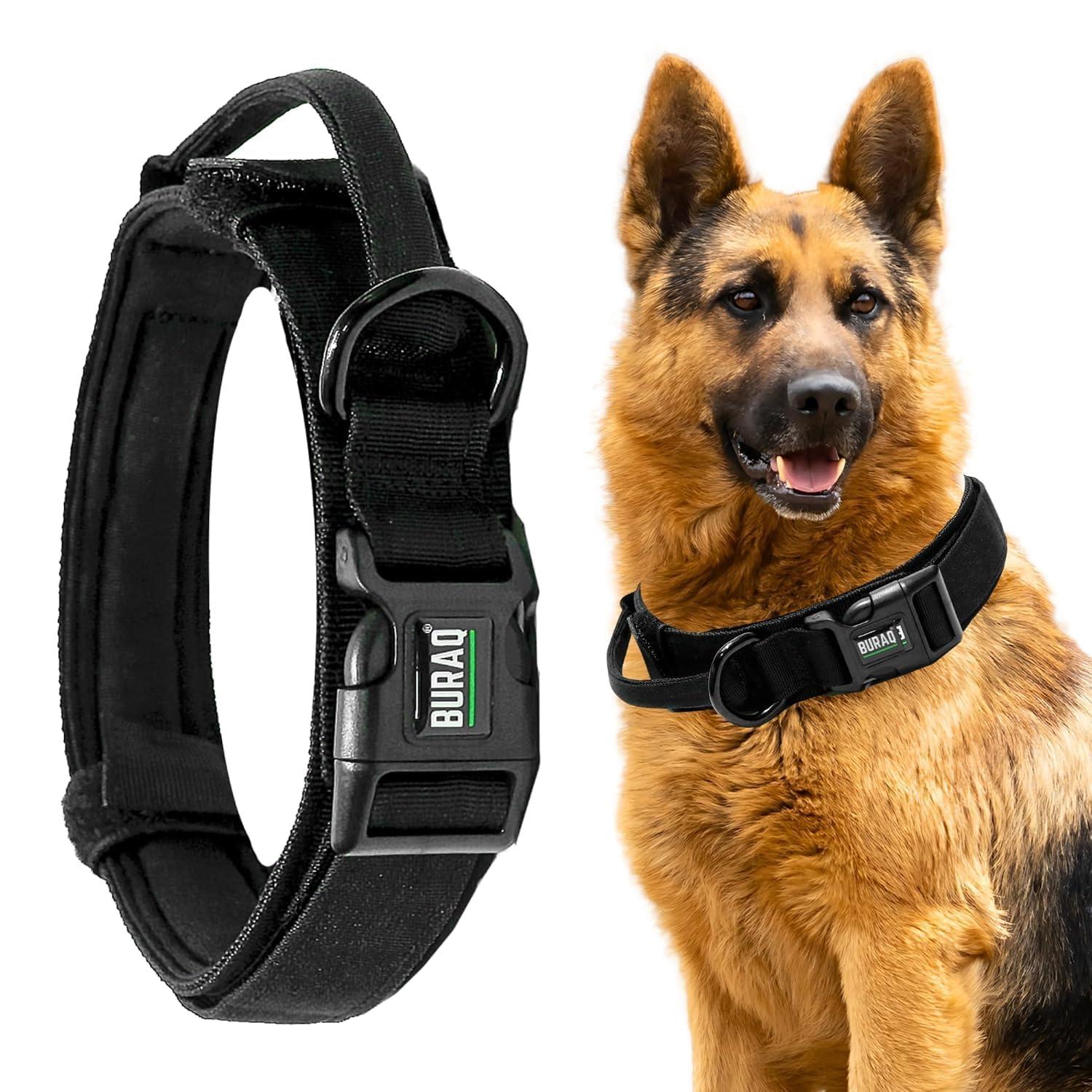 Buraq Tactical Dog Collar, Adjustable Military-Grade Nylon with Handle & Heavy Metal Buckle, Dog Belt for Medium & Large Dogs (Parent) (Black, M)