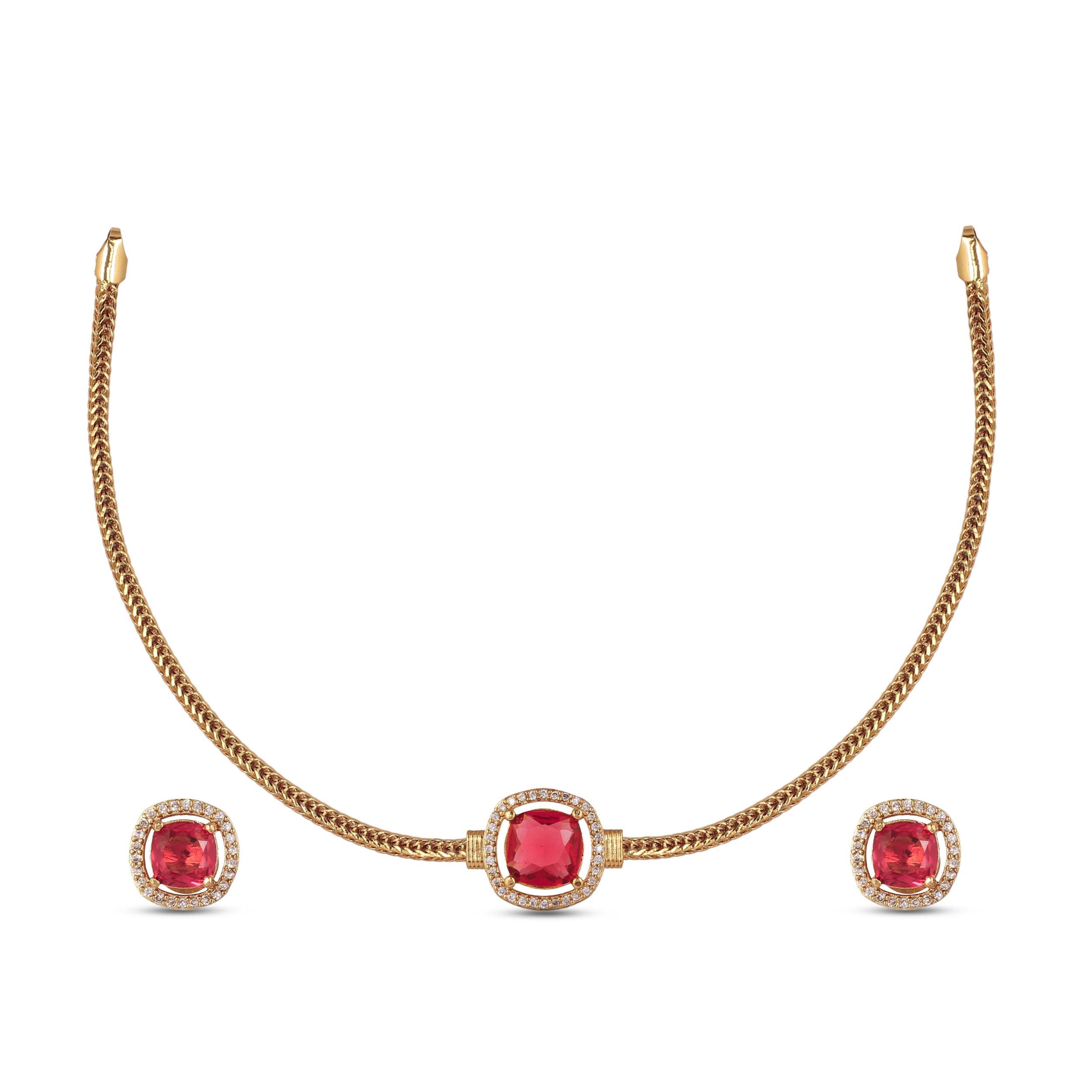 ZYRA JEWELS Elegant Stylish Choker Necklace Set with Earrings | Antique Gold Plated with Zircon & American Diamond | Collar Bone Nan Chain Necklace for Women & Girls (Ruby Red)