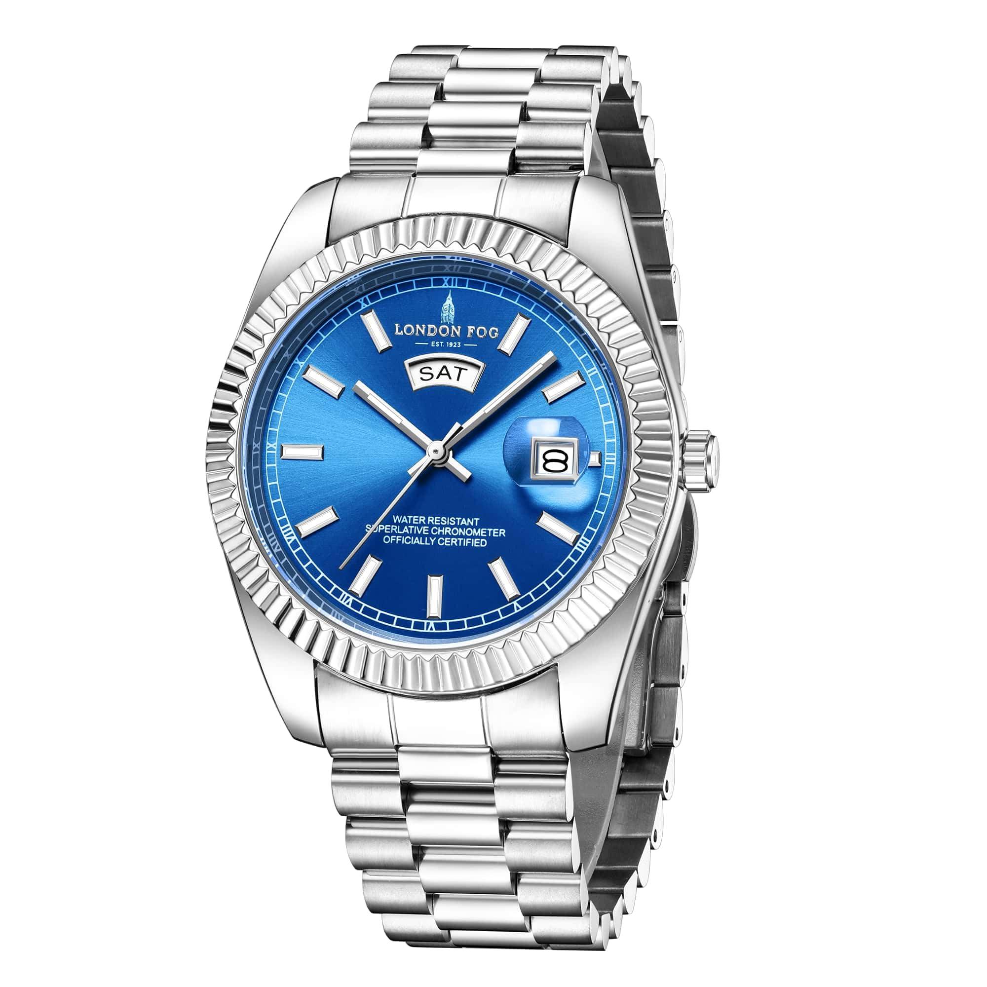 London Fog Oxford Collection Analog Quartz Watch for Men with Blue Dial and Silver Stainless Steel Strap, Fluted Metal Case, Day & Date Display, Luminous Hands & Hour Markers & Water Resistant