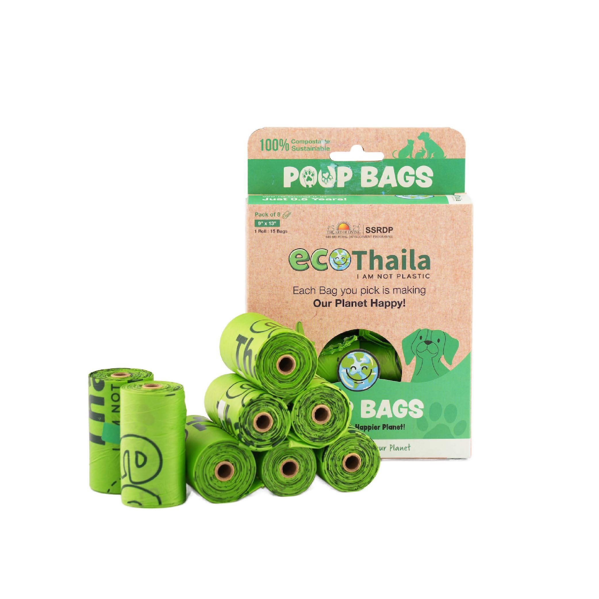 Eco Thaila - Compostable Poop Bags for Dogs & Cats | Pack of 8 (120 bags) | Biodegradable & Eco-Friendly | Waste/Litter Poop Bag | Strong & Leak-Proof Potty Picker | Green Colour - 9 x 13 Inches