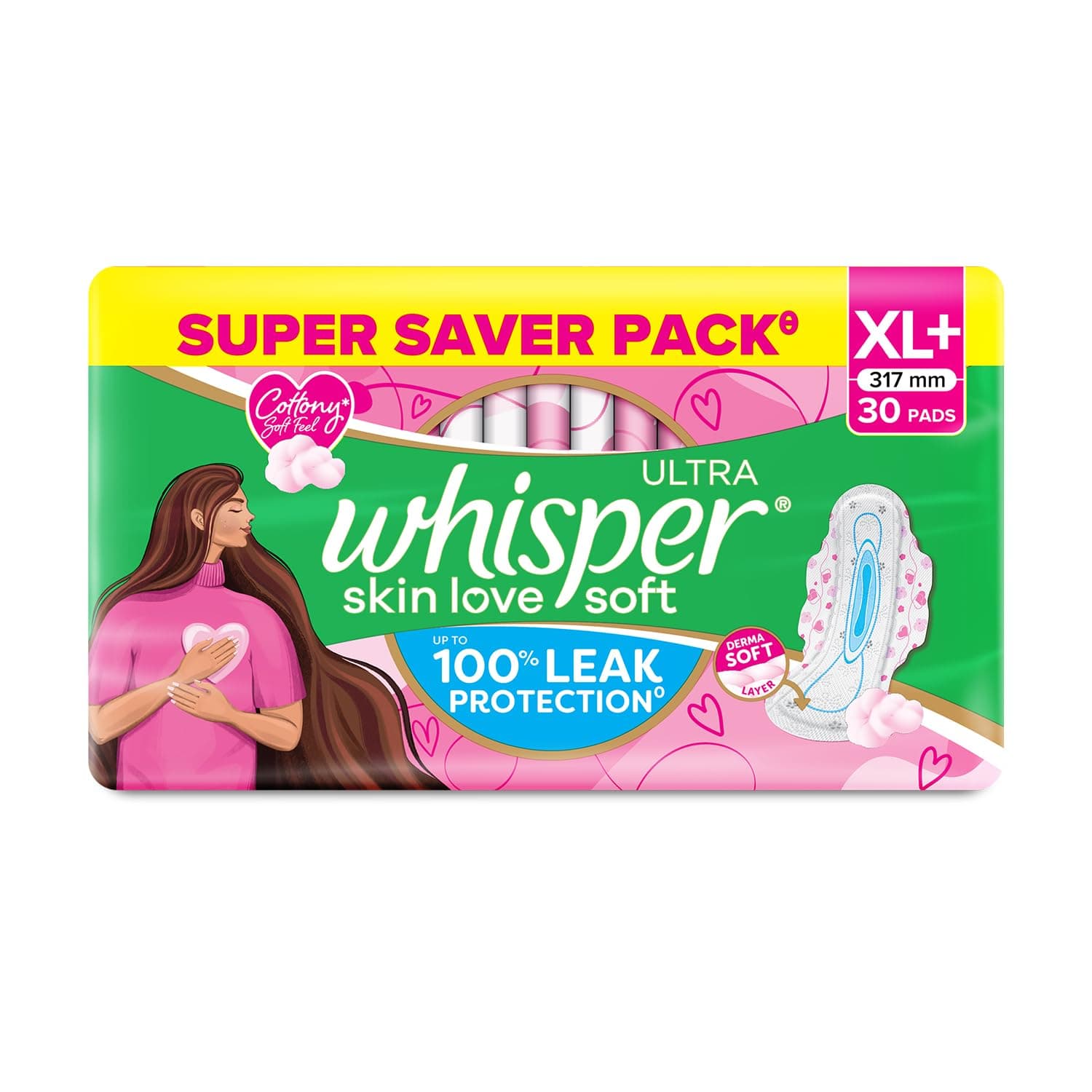 Whisper Ultra Skin Love Soft Sanitary Pads for Women, XL+ 30 Pads, Cottony Soft Feel, Upto 100% Leak* Protection, Disposable Wrapper, Locks Odour & Wetness (Product Does Not Contain Cotton) (*Based on P&G Technical Data)