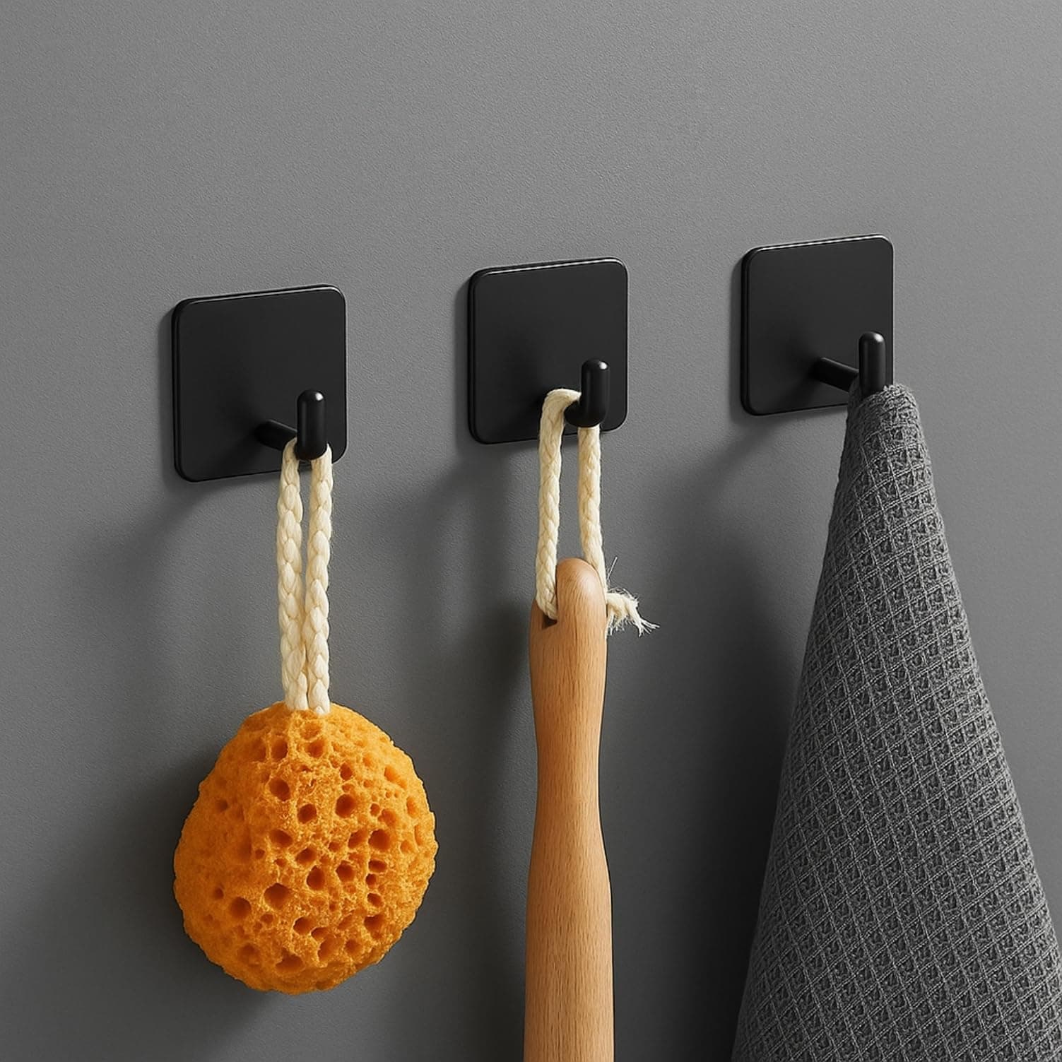 Zulaxy Metal Wall Hooks, Self Adhesive Hooks for Bathroom, Kitchen, Towel, Key, Utensil, Heavy Duty Waterproof & Rustproof – No Drilling, Square Design (Pack of 4, Black)