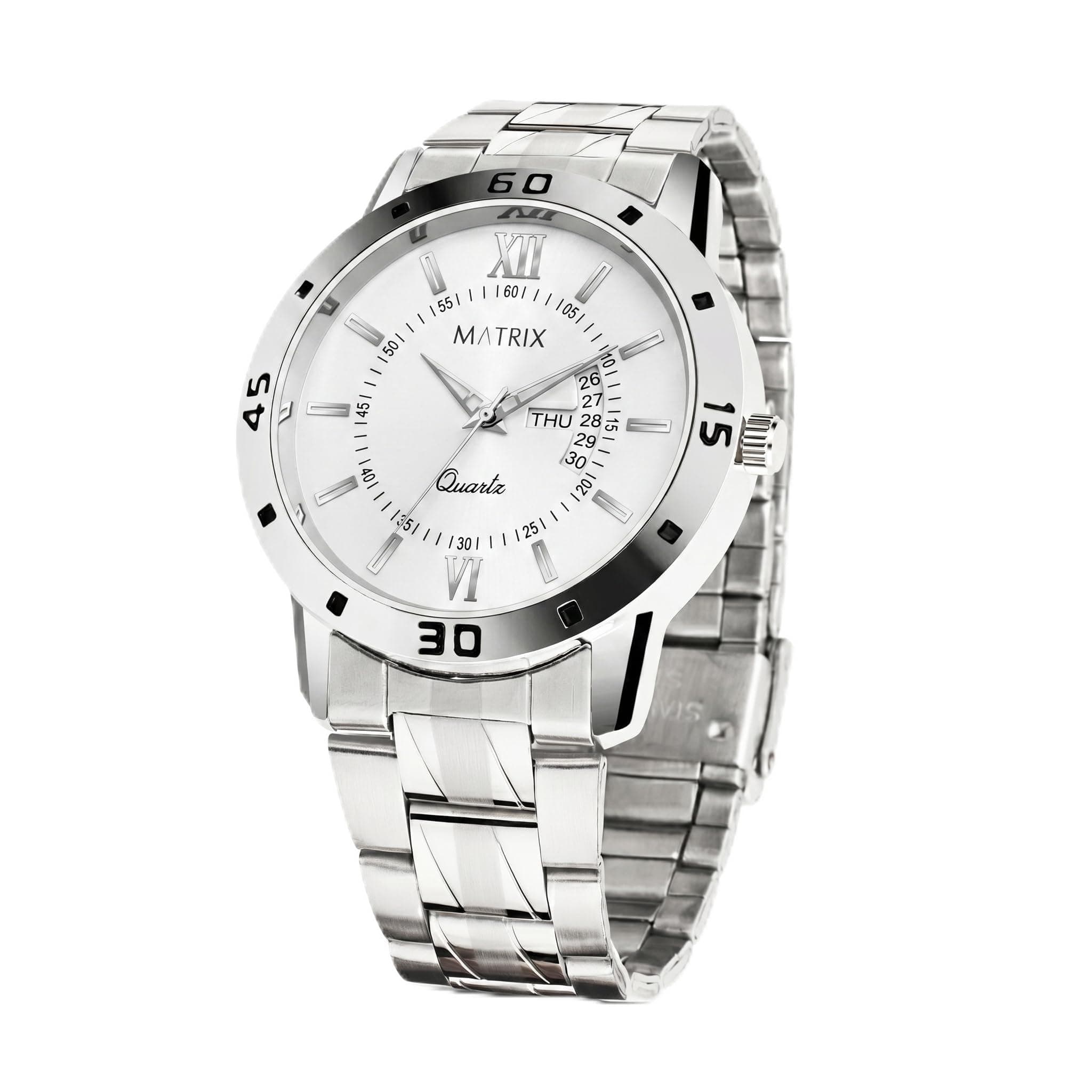 Matrix Antique Day & Date Leather Strap Analog Watch for Men & Boys (White - Silver)