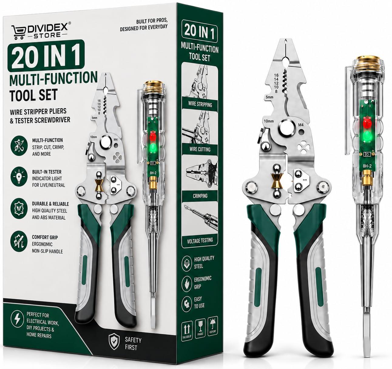 20-in-1 Wire Stripper Tool Kit with Tester Screwdriver | Multi Function Wire Stripping, Cutting & Crimping Pliers | Electrical Repair Tool for Electricians, Cable, DIY, Home & Professional Use