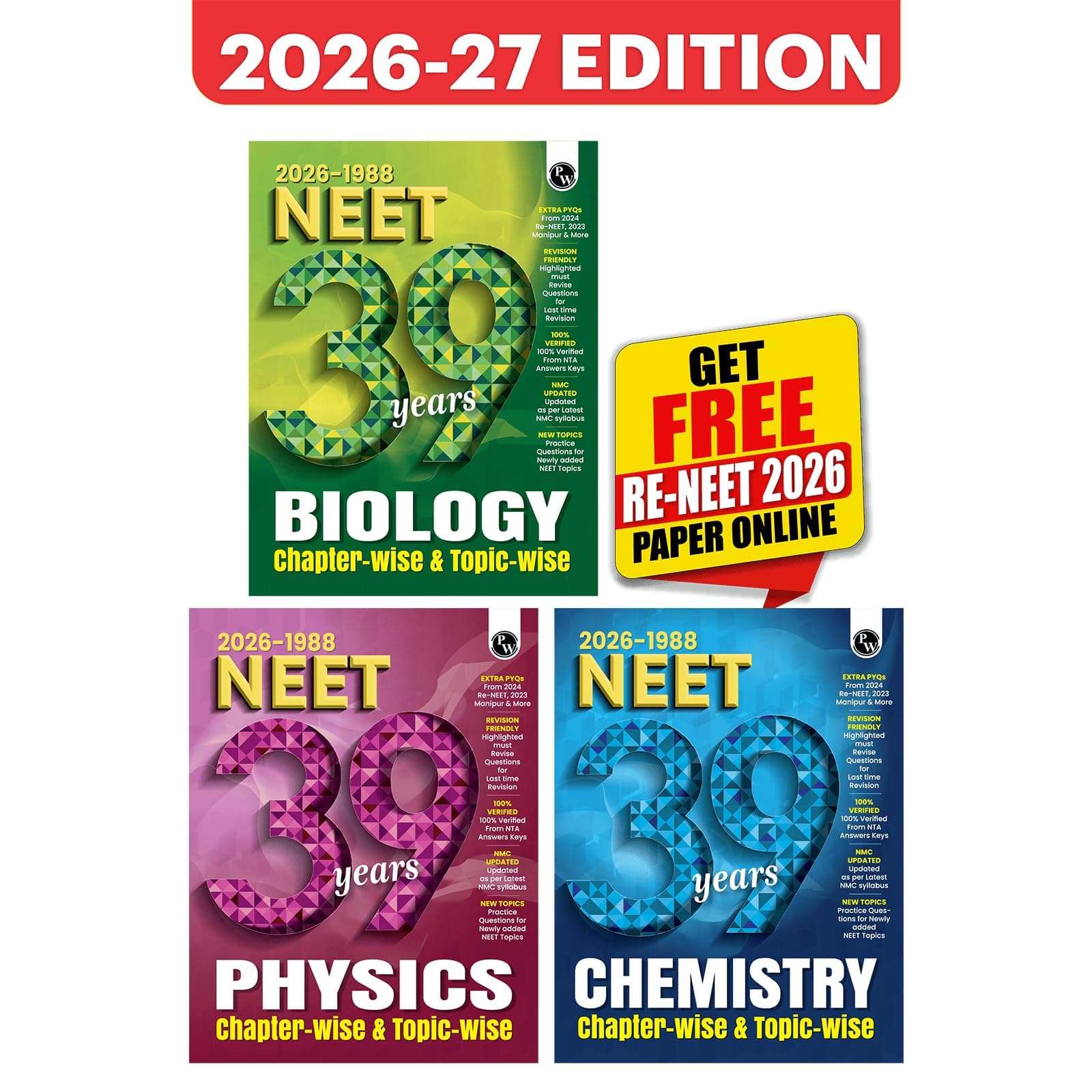 PW NEET PYQ 39 Years Physics, Chemistry, Biology Combo Set of 3 Books For 2027 Exam | PYQ Deja Vu | Additional PYQs from Re-NEET and Other States | Chapterwise and Topicwise Solutions (2026-1988)