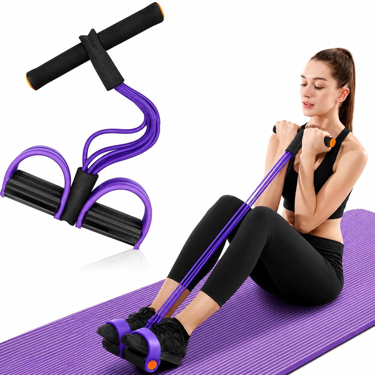 Yoga Pedal Puller Resistance Band with Foot Pedals, 4 Tube Natural Rubber Band for Home Workout Full Body Exercise Equipment for Abs Arms Legs Stretching & Strength Training for Men Women(Multicolor)