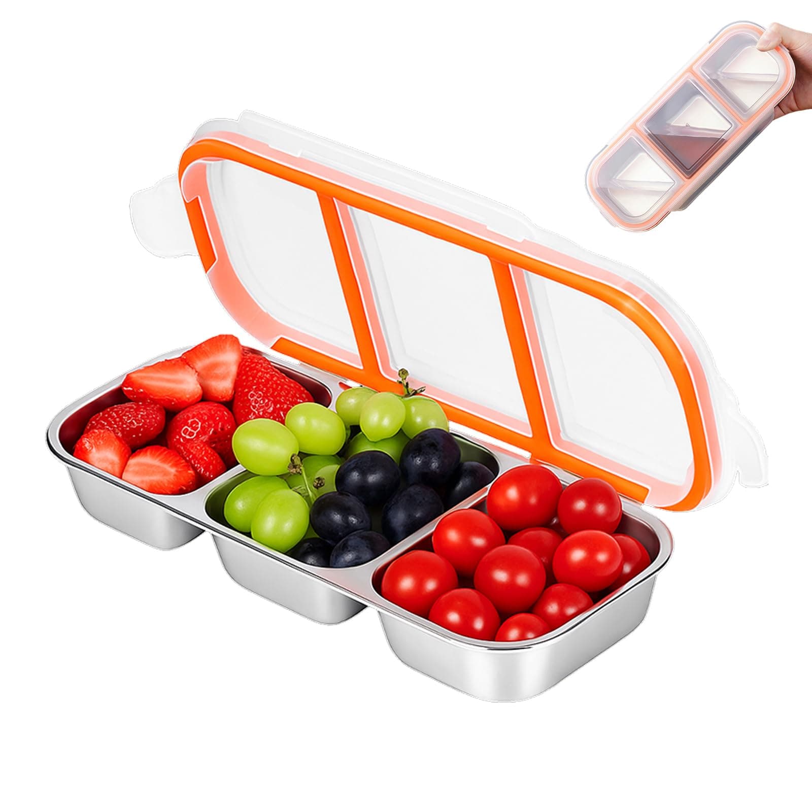 PARAQUIP Reusable Stainless Steel Snack Containers with Lids – 10.3" x 4" 3 Compartment Snackle Box, Leak-Proof Metal Snack Containers for Kids & Adults, Divided Food Storage Box (3 Compartment)