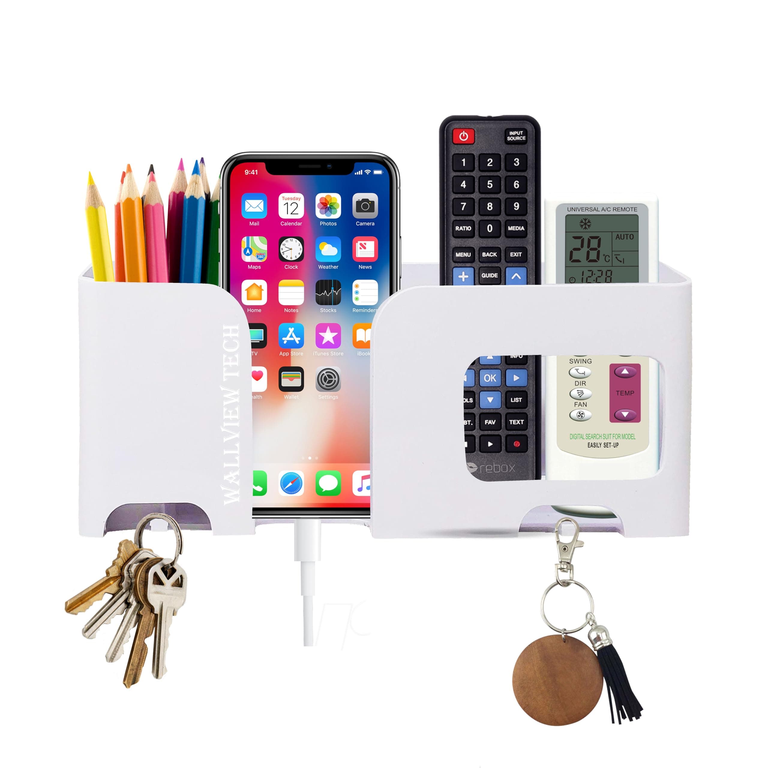 WALLVIEW TECH Mobile Holder | Plastic Storage Case For AC/TV Remotes | Multi-Purpose Phone Stand For Charging | Remote Organiser | Smart Stand Gadget (White),Stationary, Cosmetics