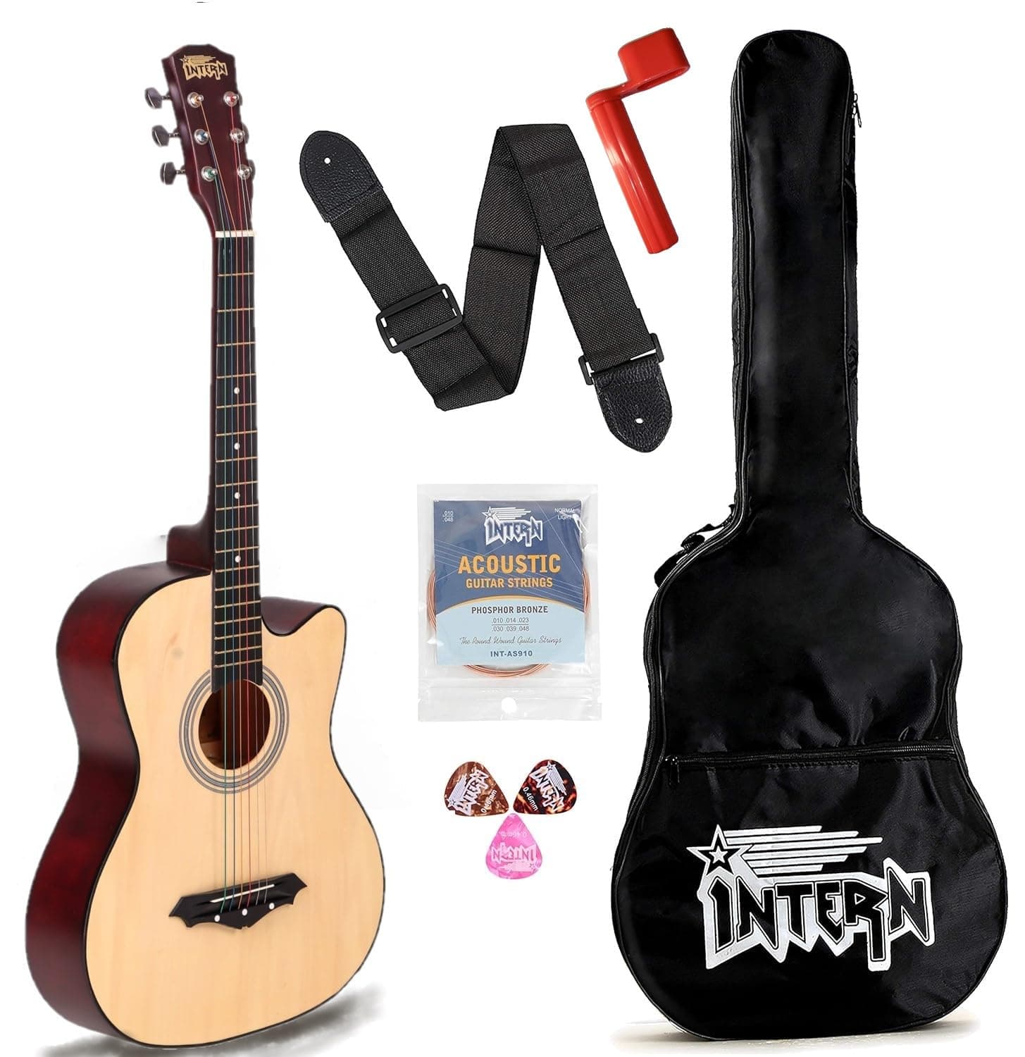 Intern Right hand Acoustic Guitar Kit, With Bag, Strings, Pick, Strap and String Winder (Natural, 38 Inch)