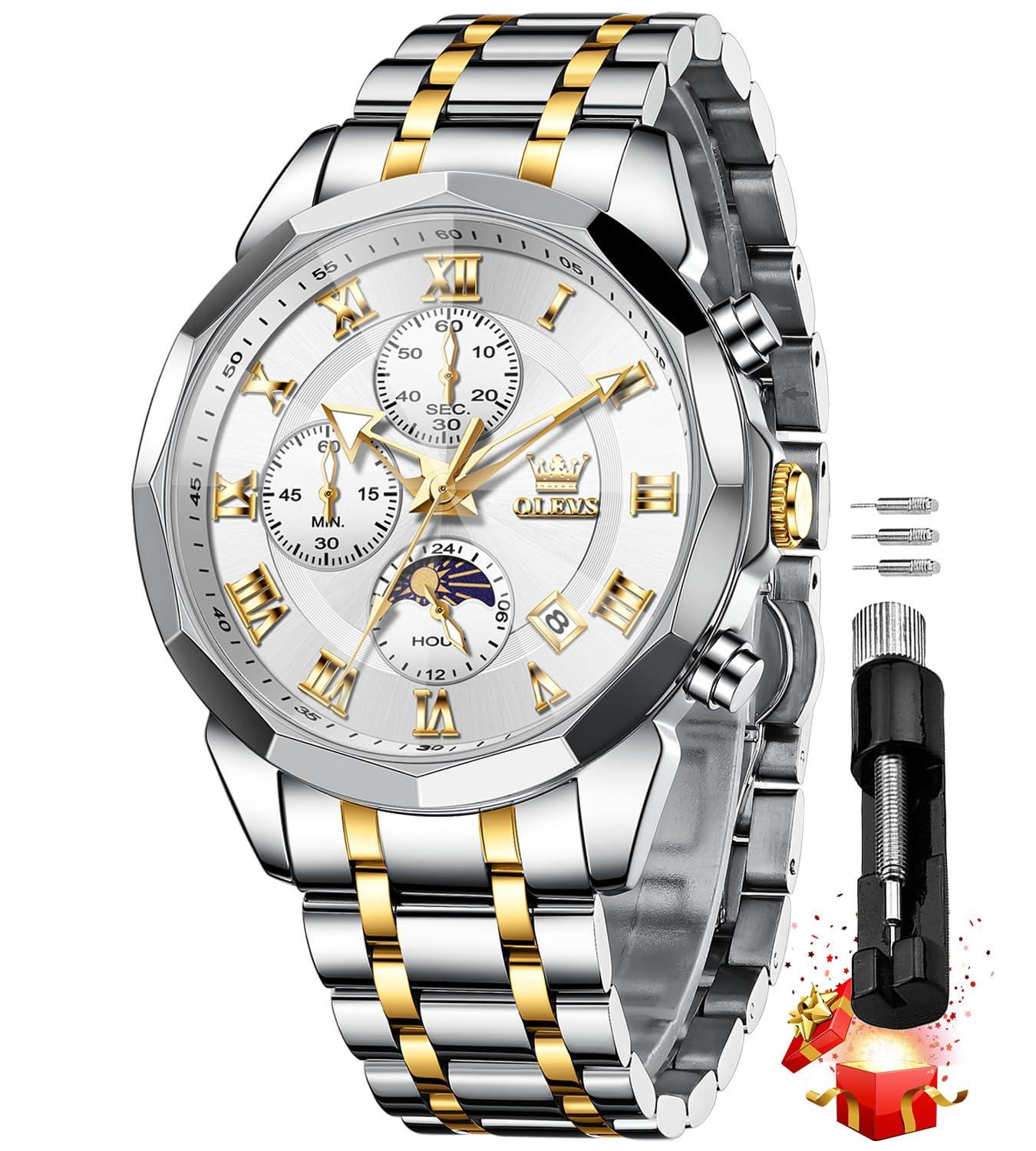 OLEVS Chronograph Watches for Men Original Analog Quartz Gold Silver Stainless Steel Metal Strap Luxury Moon Phase Date Waterproof Men's Wrist Watch