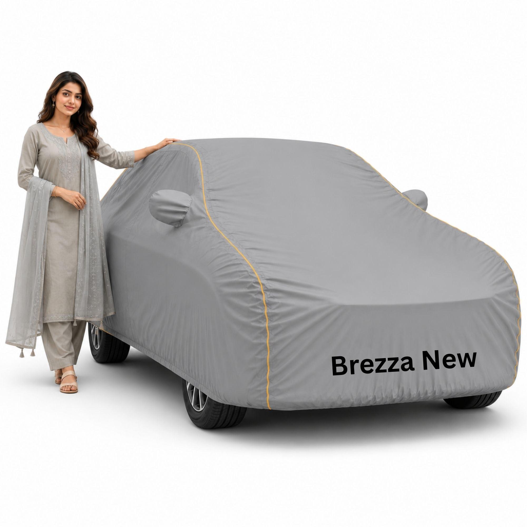 Brezza New Heavy Duty Car Cover Waterproof | 6-Layer Full Body Protection with Soft Cotton Inner Lining | UV, Rain, Heat, Dust & Scratch Resistant | Custom Fit with Mirror Pockets | Grey