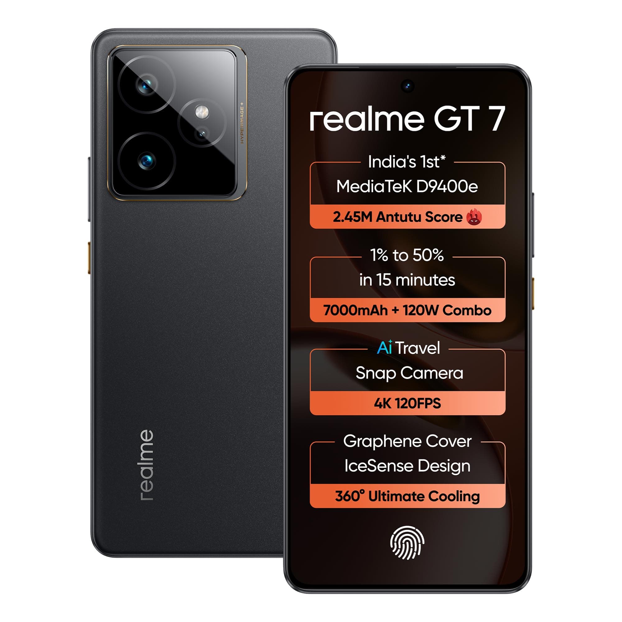 realme GT 7 (IceSense Black,12GB+256GB) | India's 1st MediaTek D9400e Chipset | Strongest Battery Combo 7000mAh + 120W | AI 4K 120FPS Travel Camera | 360° Cooling IceSense Design with Graphene