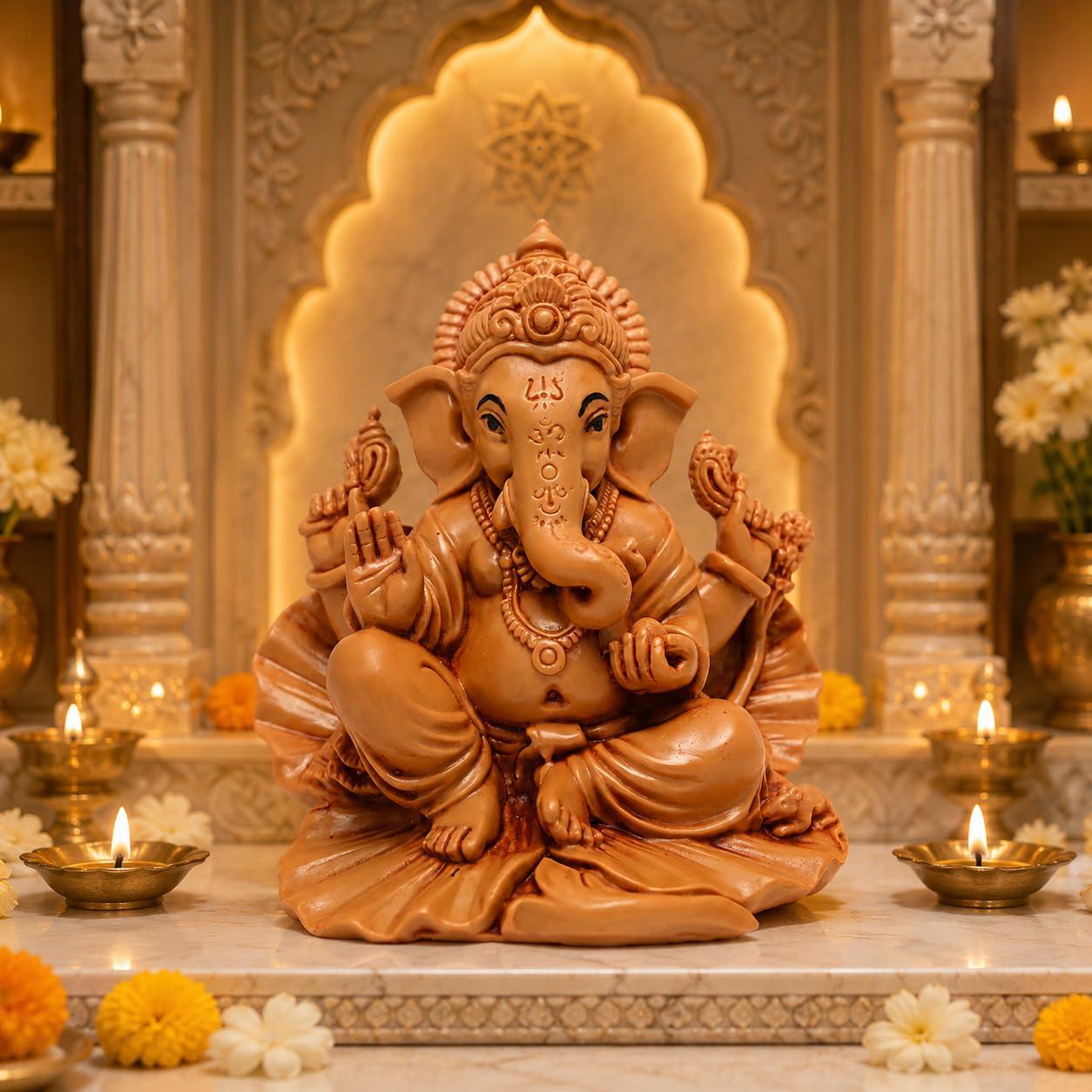 KariGhar Brown Ganesh ji Ganpati Bappa Statue Ganesha Murti Shoeflower Idol for Car Dashboard, House Warming, Home Decor, Puja Ghar, Diwali, Gifting Figurine 4 inch