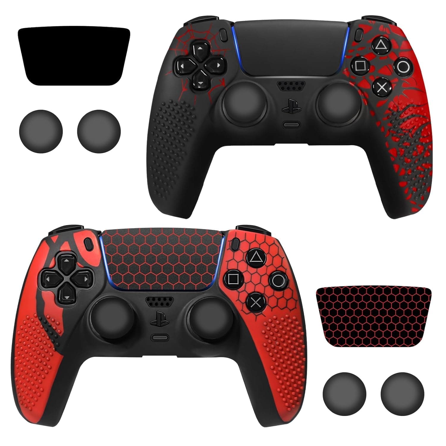Meyaar Anti-Slip Silicone Cover for PS5 Controller with Thumb Grip Caps & Touchpad Sticker Made for PS5 Controller Only. (Bloodline Black + Honeycomb (2 Pack))