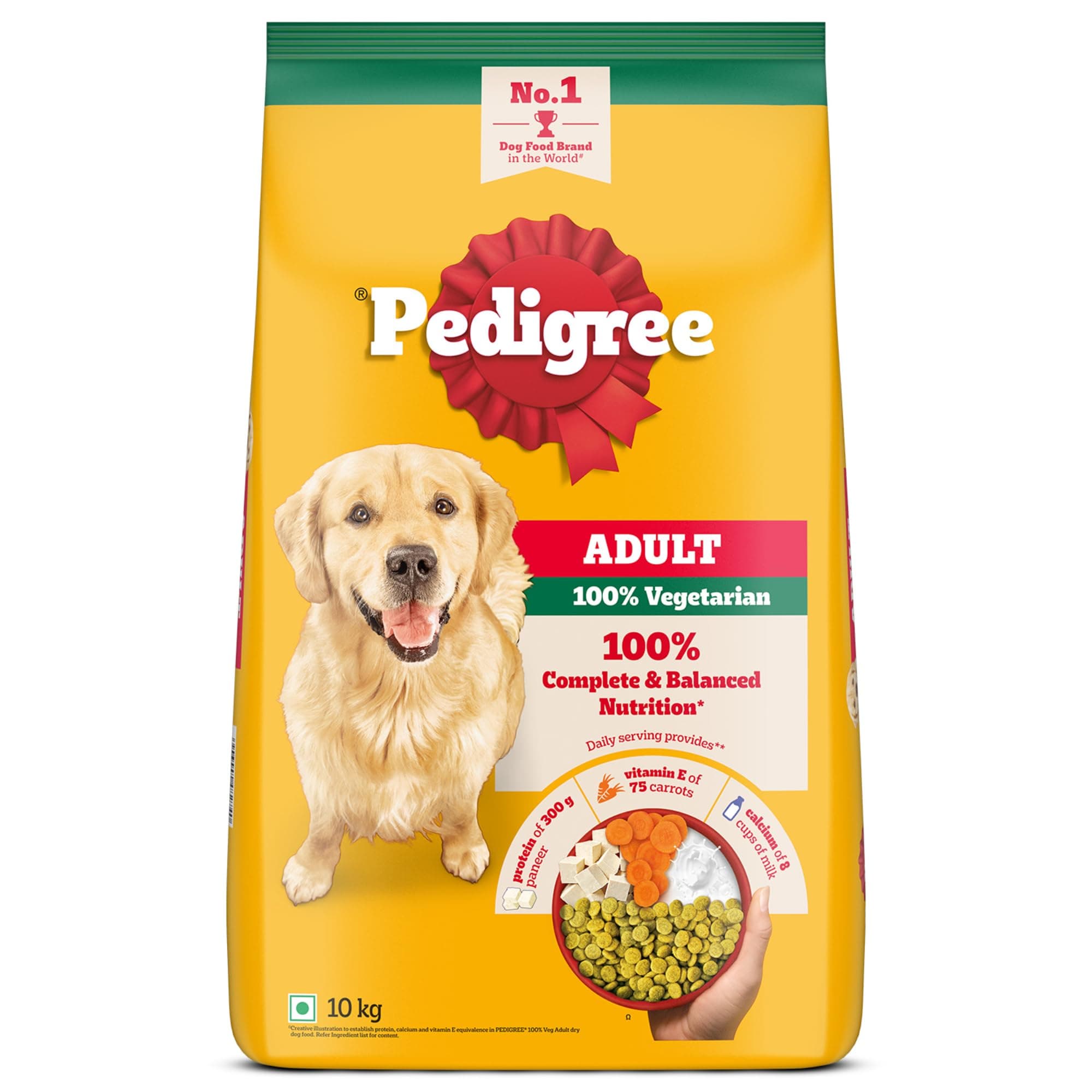 Pedigree Adult Dry Dog Food, 100% Vegetarian, 10 kg, Complete & Balanced Nutrition, with Protein, Calcium & Vitamin E for Healthy Muscles, Bones & Natural Defence