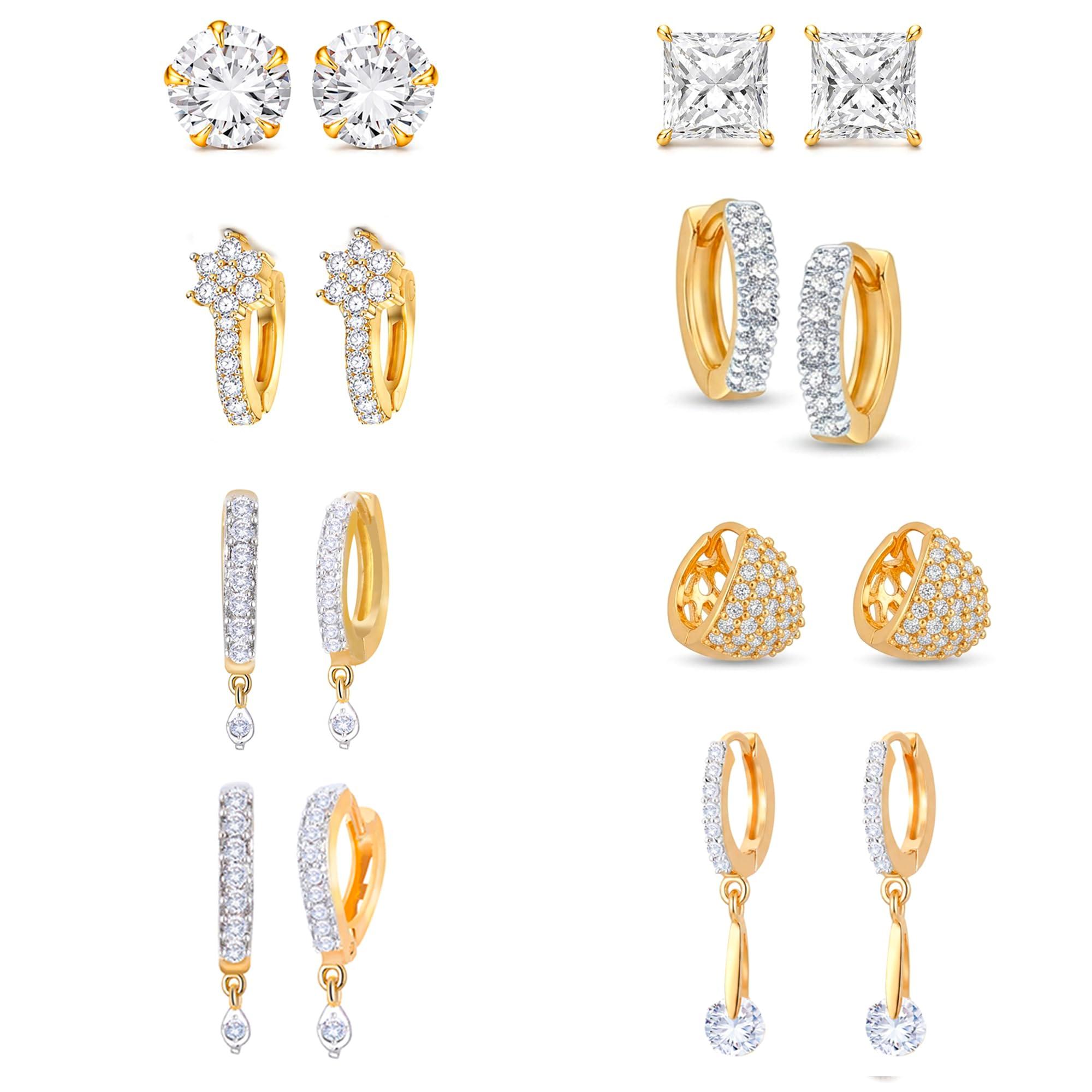 ZENEME Gold-Toned White Crystal Earrings Combo Set of 8 Pairs for Women & Girls Stud Hoop & Drop Style Jewellery