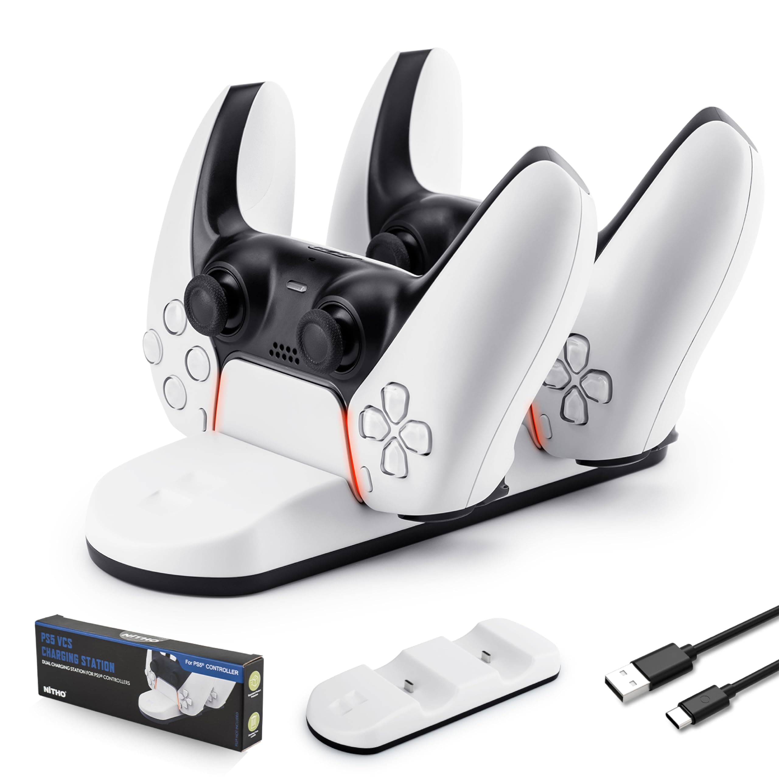 NITHO SMART Charging Station Compatible with PS5 Controllers, Dual Controller Charger Dock Replacement for PS5 Wireless Controllers with USB-C Cable – White
