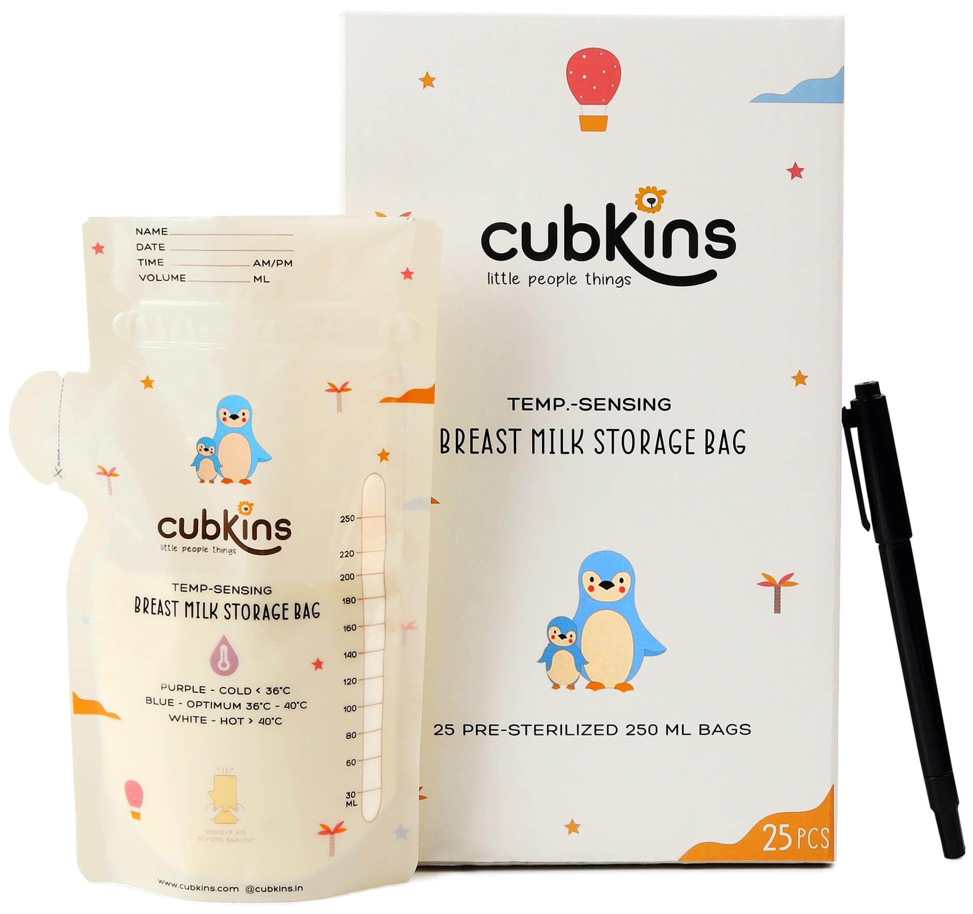 Cubkins Breast Milk Storage Bags 250ml (Pack of 25) | Smart Temperature Indicator | Pre-Sterilized, BPA Free | Leak Proof Double Zipper | One-Way Pour Spout | Self-Standing Freezer Bags with Marker