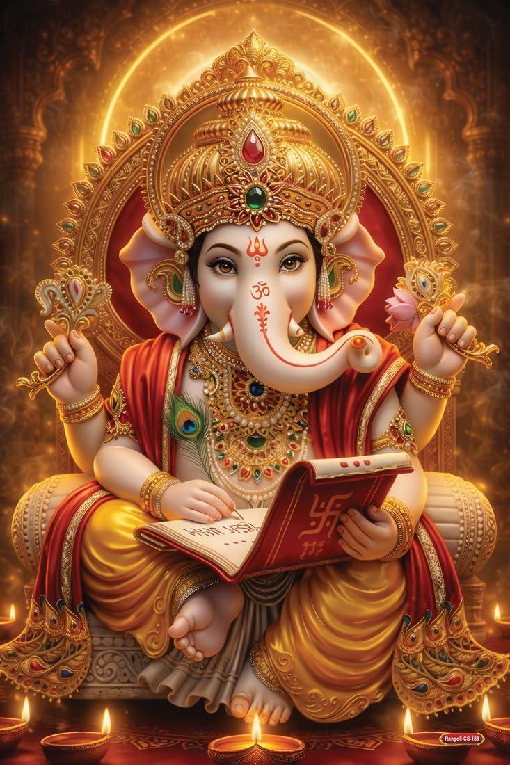 Rangoli Lord Ganesha Self Adhesive Poster 12x18 Inch | Ganpati Bappa Hindu God Wall Sticker Poster for Home Temple Pooja Room Living Room Office Décor