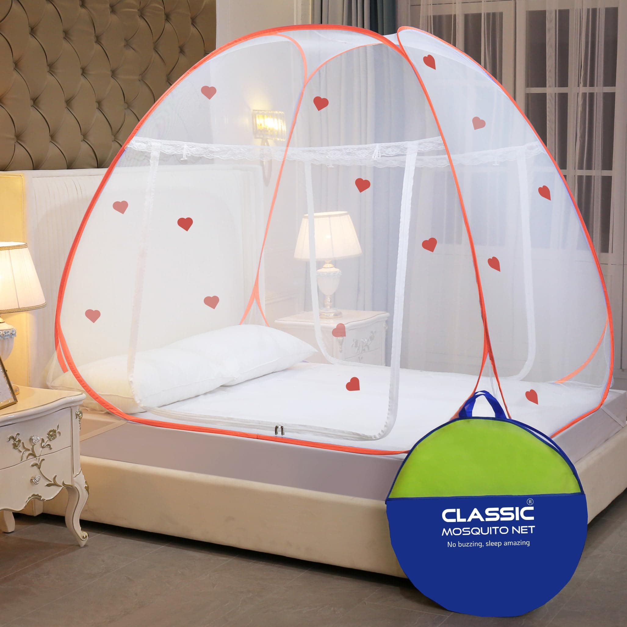 Classic Mosquito Net for King Size Bed Heart Design | 30 GSM Polyester Fine Mesh | Foldable Pop Up Machardani for Double Bed | 360° Mosquito & Insect Protection | Washable & Reusable | Orange