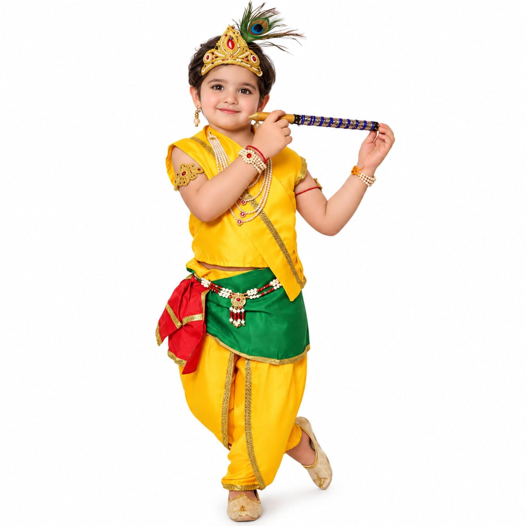 Kaku Fancy Dresses Polyester Krishna Costume For Kids|Kids Krishna Dress For Janmashtami/Kanha/Krishnaleela/Mythological Character Krishna Fancy Dress Costume For Boys/Girls - Yellow (7-8 Years)