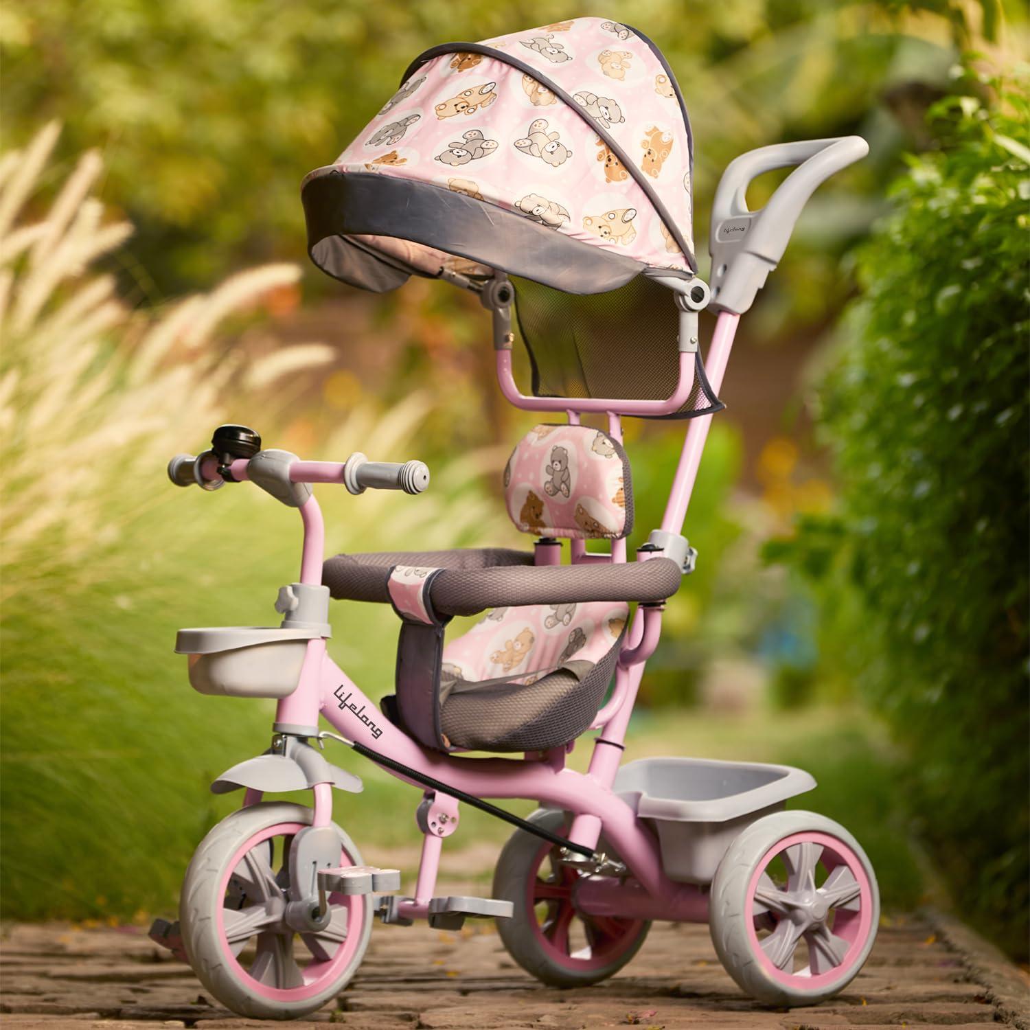 Lifelong Kids Parental Control Tricycle with Canopy,Harness,EVA Wheels, Bell & Storage Basket|Baby Trike|Age Group 1 Years to 4 Years Carrying Capacity Upto 25 kg (Pink/Grey)