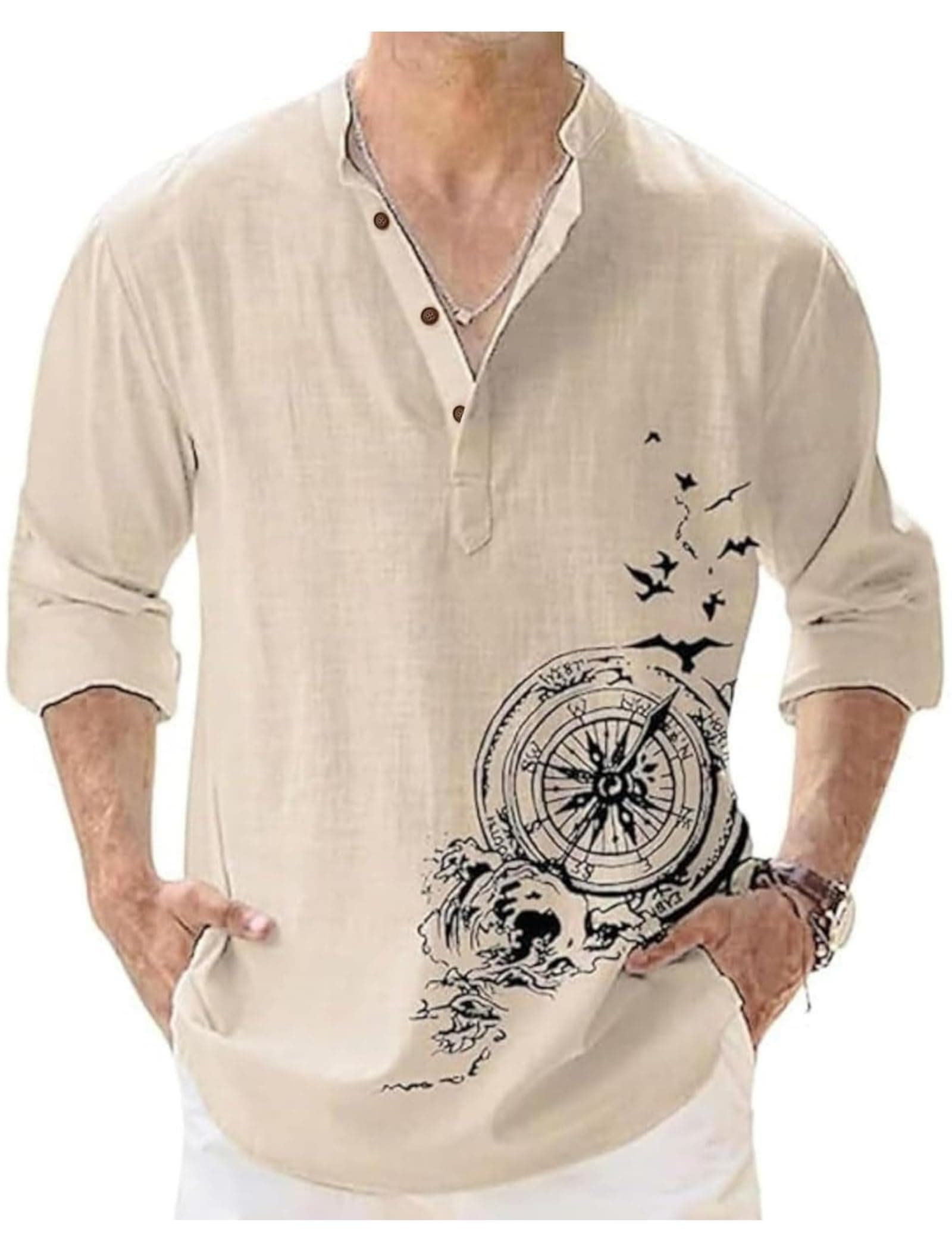 DEELMO Men's Cotton Blend Mandarin Collar Regular Fit Full Sleeve Casual Short Kurta, Beige, 4XL