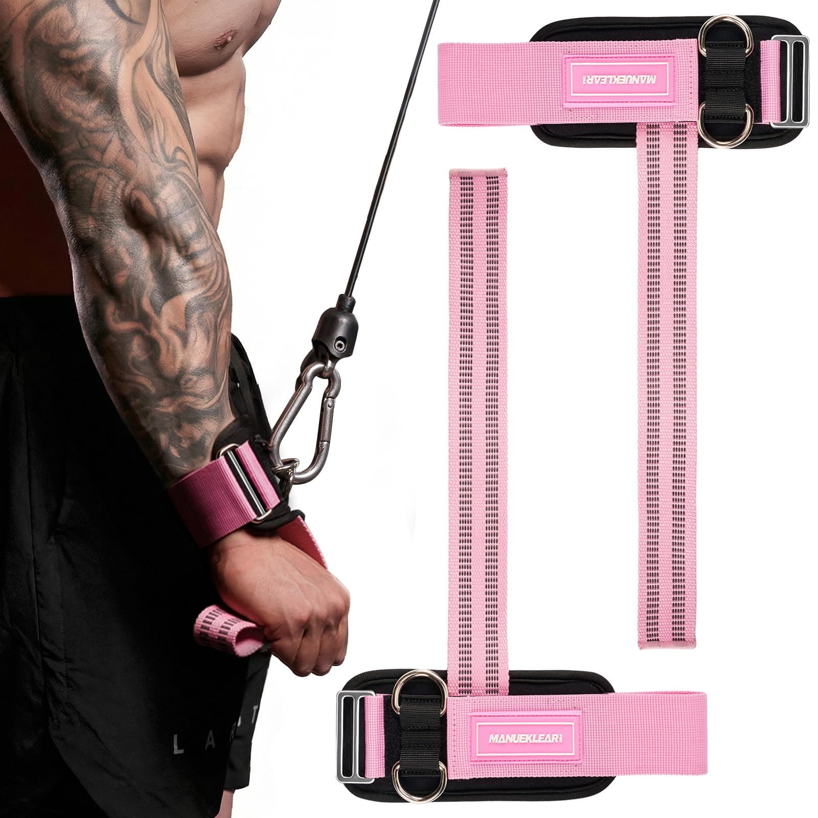 MANUEKLEAR Non-Slip Wrist Straps for Weightlifting Deadlifting, Gym Lifting Straps with D Rings for Cable Machine Workout, 10mm Neoprene Padded Weight lifting Wrist Wraps for Men Women (Pink, M (16.0–19.0 cm))