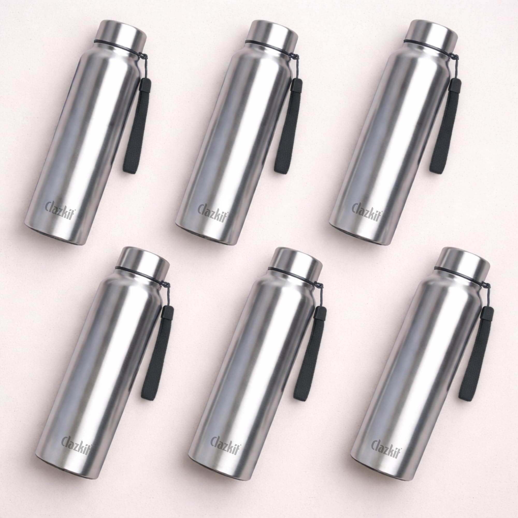 Clazkit Stainless Steel Water Bottle, 1000 ml -Set of 6 - Single-Walled, Spill-Proof, Food Grade Steel | Fridge, Office, School, Travel, Gym, Car (Silver)