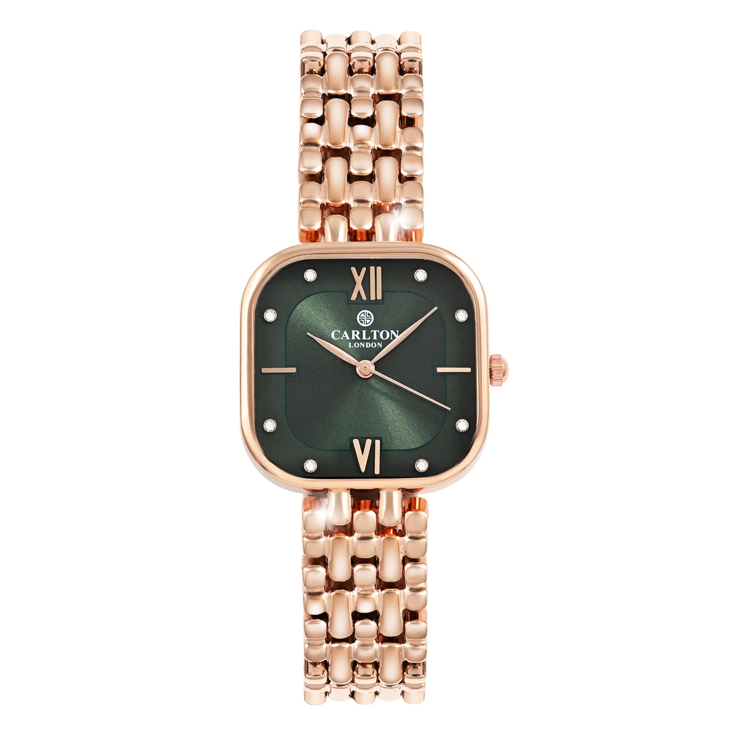 Carlton London Chelsea Women Analog Watch, Square Dial, Stainless Steel Strap, Quartz Movement, Green Dial, Rose Gold Strap, Modern Style, 30M Water Resistant | CLSSCDGRN