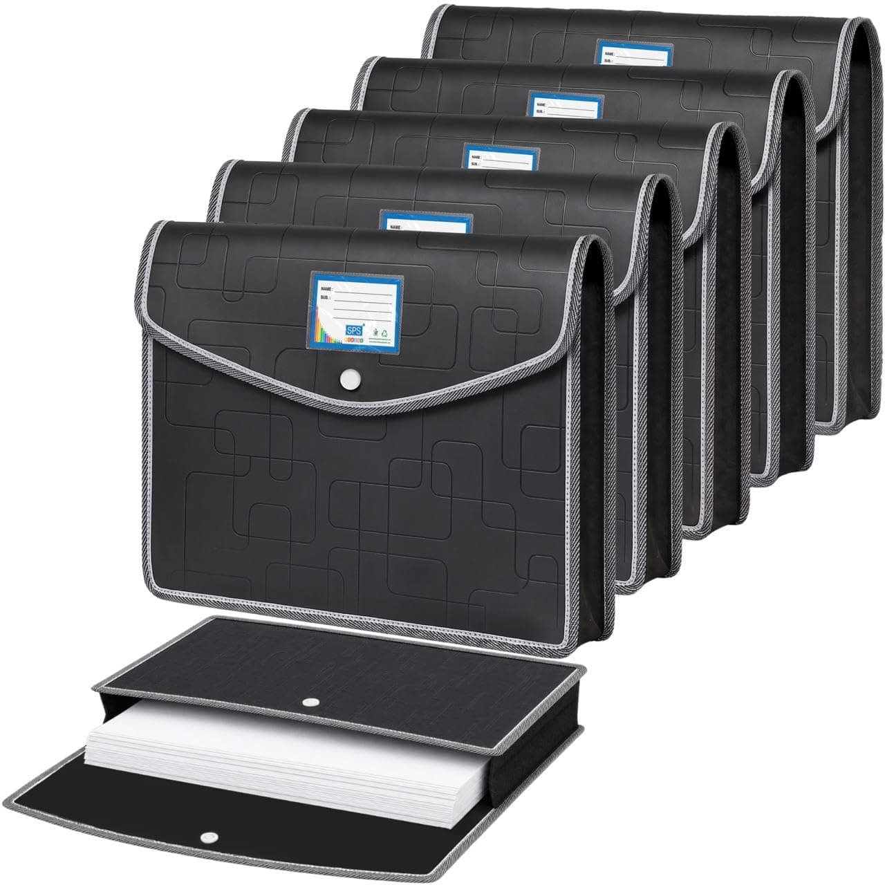 SPS File Folder, Opaque Poly-Plastic A4/Foolscap Documents File Storage Bag with Snap Button, Set of 5 (Black)