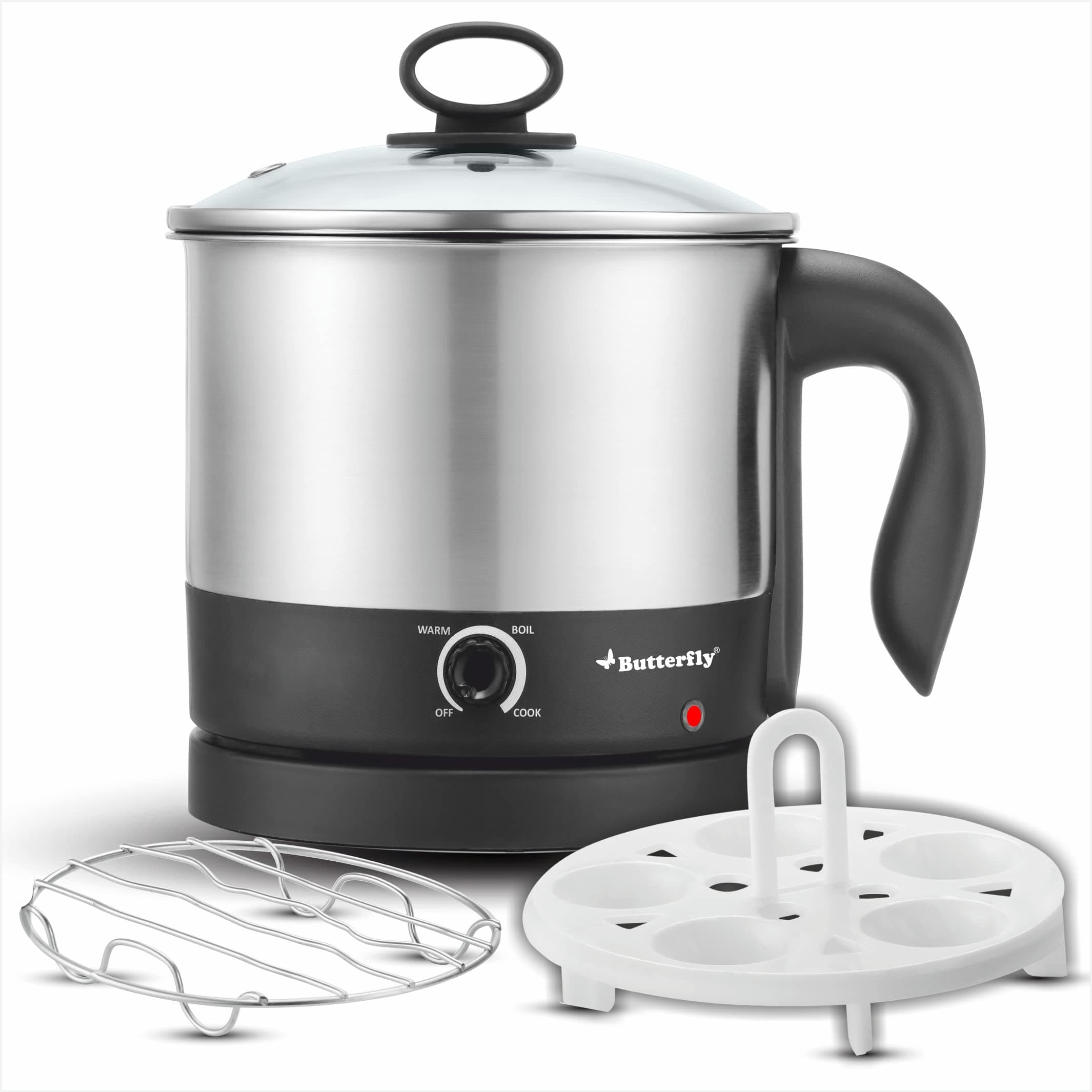 Butterfly Matchless Stainless Steel Multi Kettle 1.2 Litre | With Egg Rack, SS Stand | 600 Watts | For Hot Water, Tea, Coffee, Noodles, Egg Boiling, Soup | Dry Boil Protection | Silver