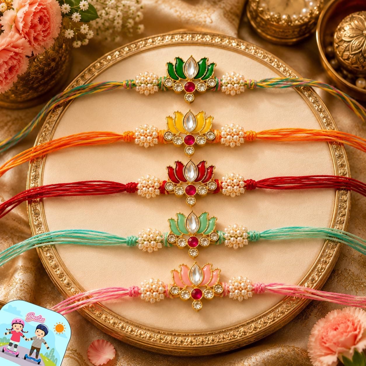 CraftVatika Set of 5 Floral Designer Rakhi Set for Brother Boy Man Bhai, Lotus Rakhi Gift Combo Set for Bhaiya & Sister Bracelet with Tilak & Fridge Magnet Gift, Rakhis for Raksha Bandhan