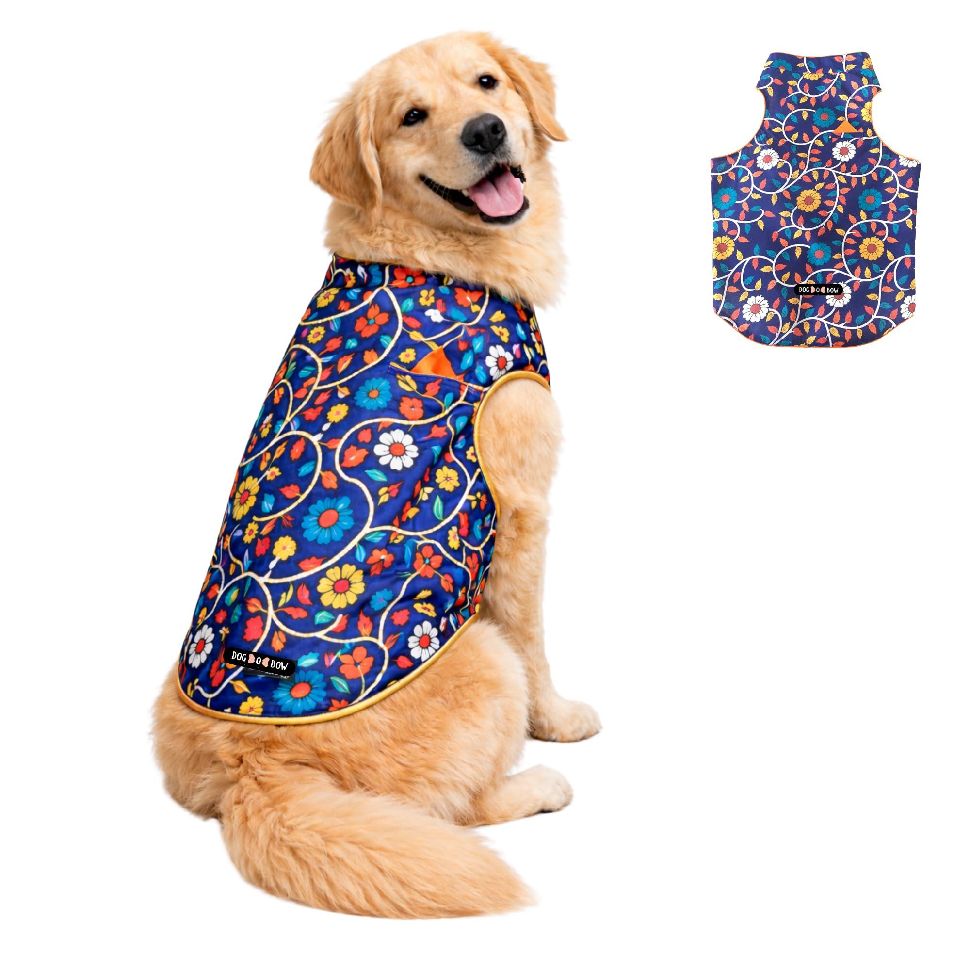 DOG-O-BOW Royal Blue Floral Sherwani for Dogs | Stylish, Durable & Breathable Traditional Sherwani (Large)