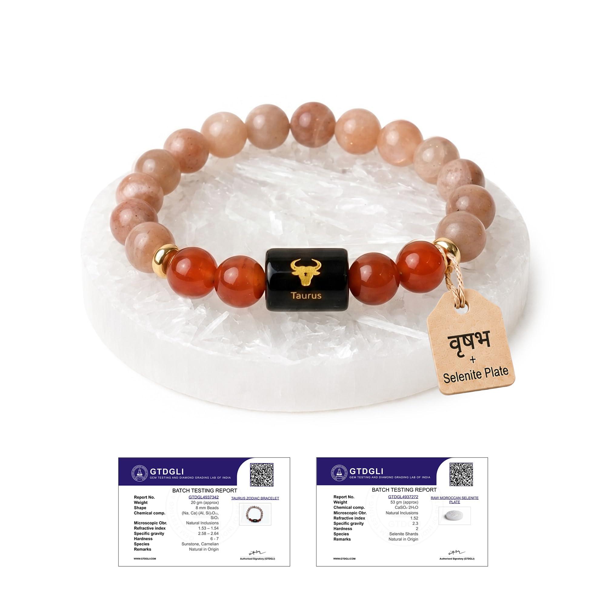 Astrotalk Taurus (वृषभ राशि) Zodiac Bracelet with Raw Selenite Plate | Certified Crystal for Strength, Balance & Confidence | Original Sunstone & Carnelian stone | Astrology Bracelet for Man & Woman | Gift for Man & Woman