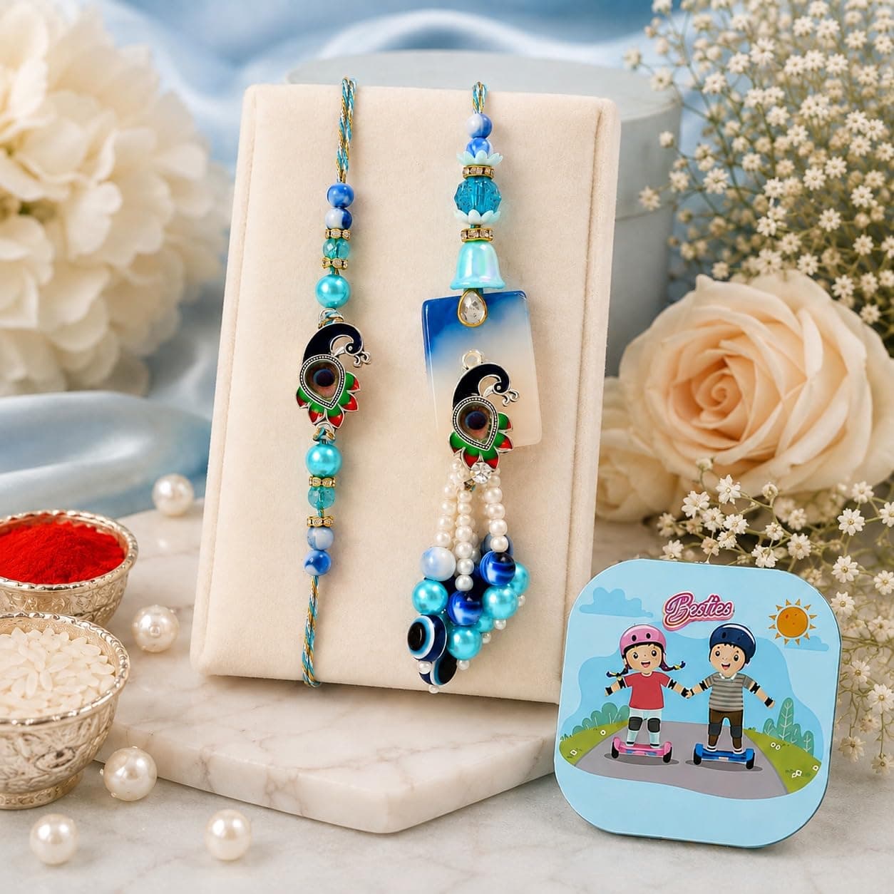 CraftVatika Evil Eye Peacock Rakhi Set for Brother and Bhabhi, Designer Rakhi Set for Bhaiya Bhabhi Bro Sister, Lumba for Bhabhi, with Fridge Magnet Gift, Best Wishes Greeting Card, Tilak