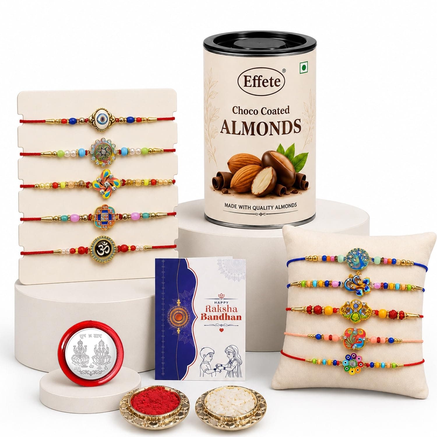 DeoDap Rakhi Gift Set for Brother | Pack of 10 Designer Rakhi with Choco Coated Almonds 96 Gram, Greeting Card, Roli Chawal & Silver Color Pooja Coin | Raksha Bandhan Gift Combo for Bhai