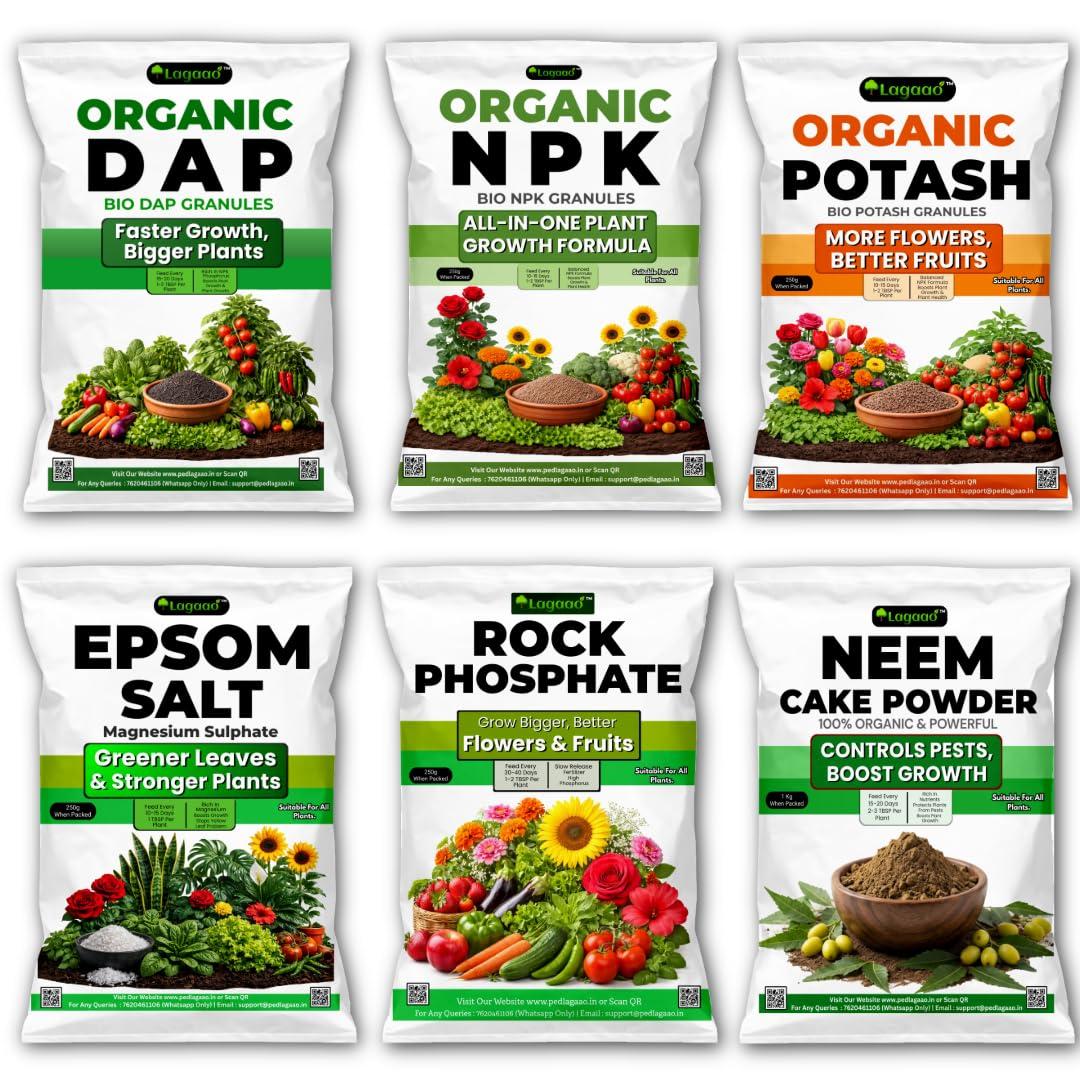 Ped Lagaao Fertilizer Combo for Plants | Plant Food & Plant Growth Booster | Organic NPK, DAP, Potash, Epsom Salt, Rock Phosphate & Neem Cake Powder for Home Gardening 250g Each