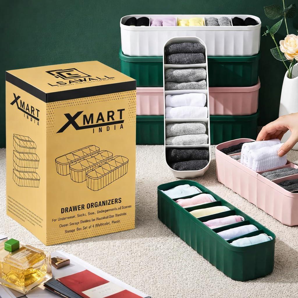 XMART INDIA Drawer Organizers for Underwear, Socks, Bras, Ties, Undergarments, and Scarves - Closet Storage Dividers for Household Use Wardrobe Storage Box Set of 4 (Multicolor), Plastic