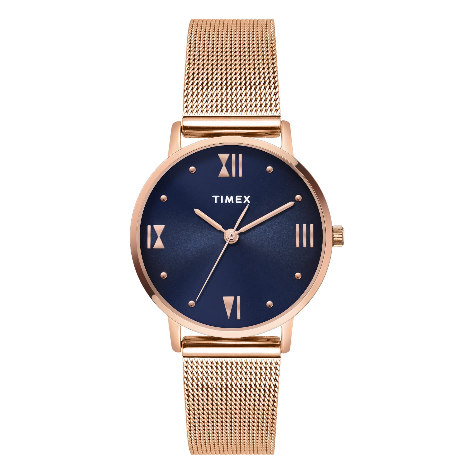 TIMEX Analog Watch for Women with Blue Round Dial & Rose Gold Stainless Steel Bracelet Band Water Resistant Women's Wrist Watches - TWEL15626